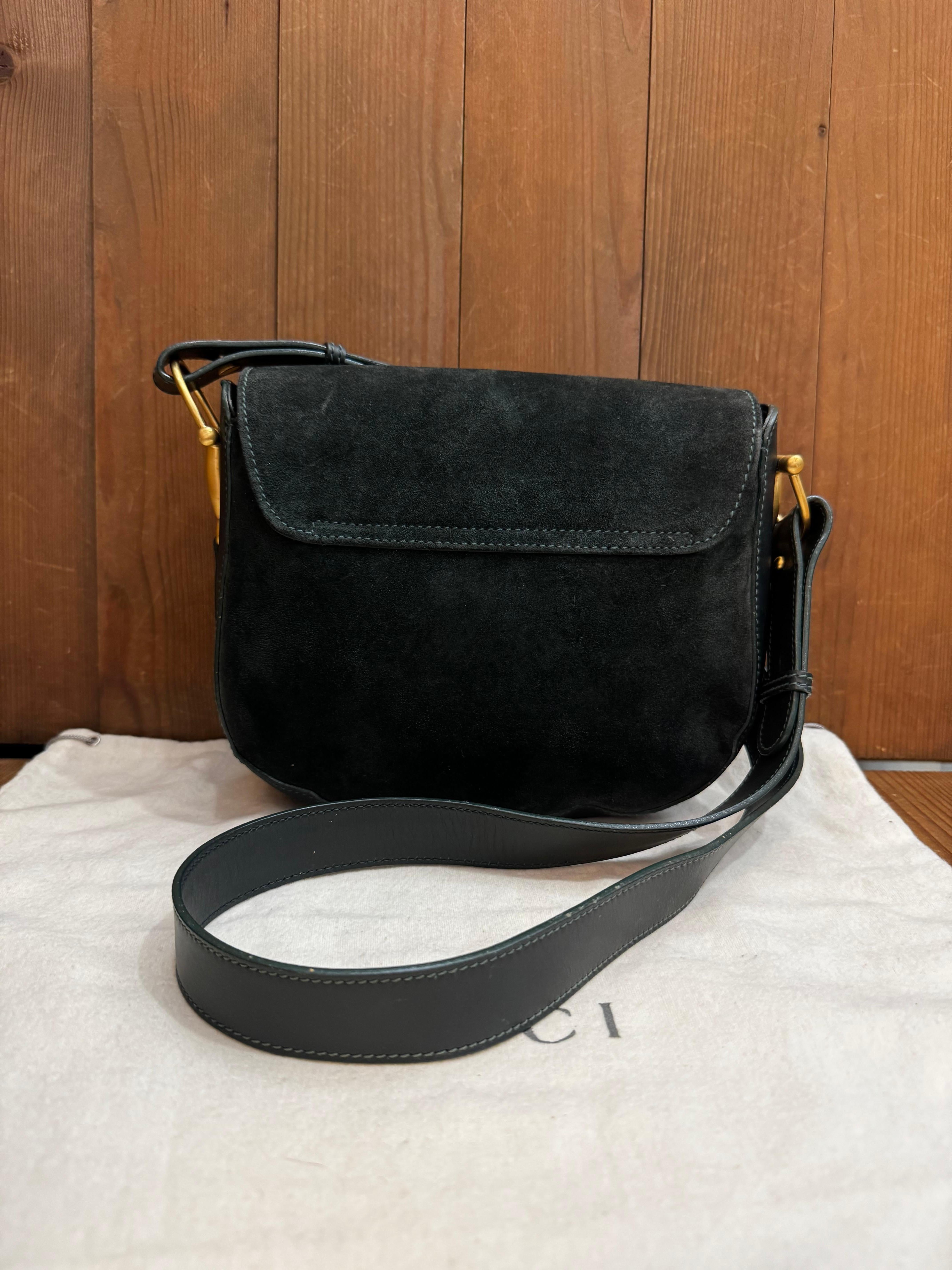 Black 1990s Vintage GUCCI Nubuck Horsebit Camera Bag Green Unisex