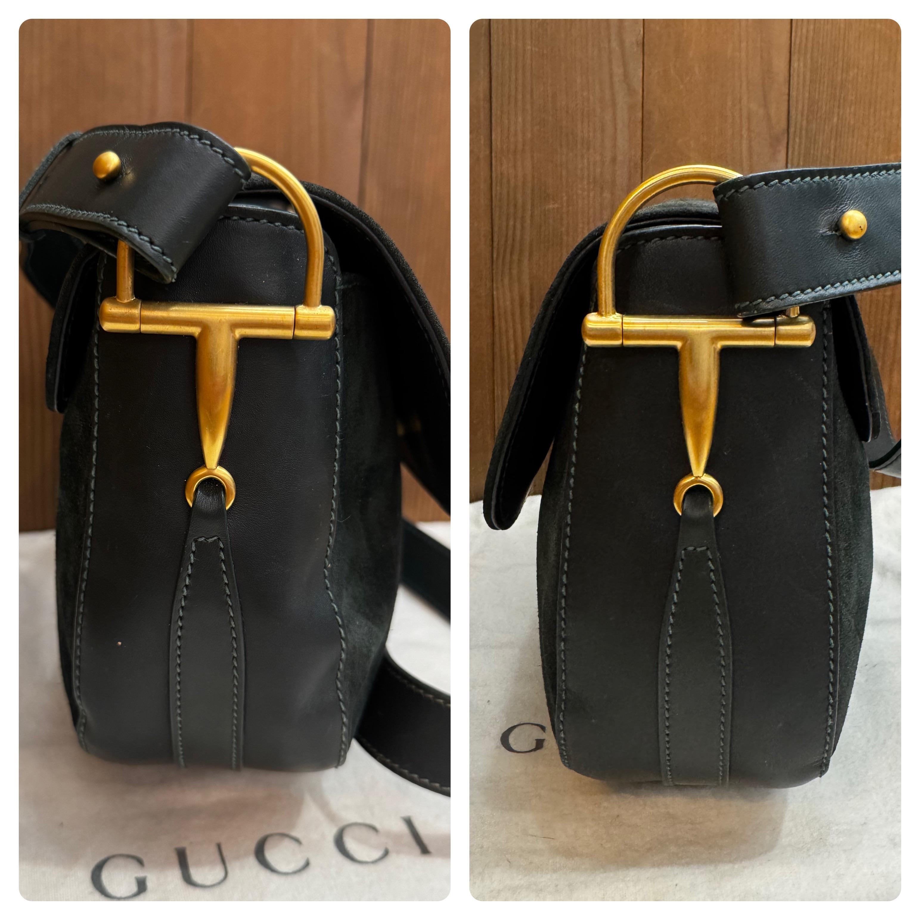 1990s Vintage GUCCI Nubuck Horsebit Camera Bag Green Unisex 1