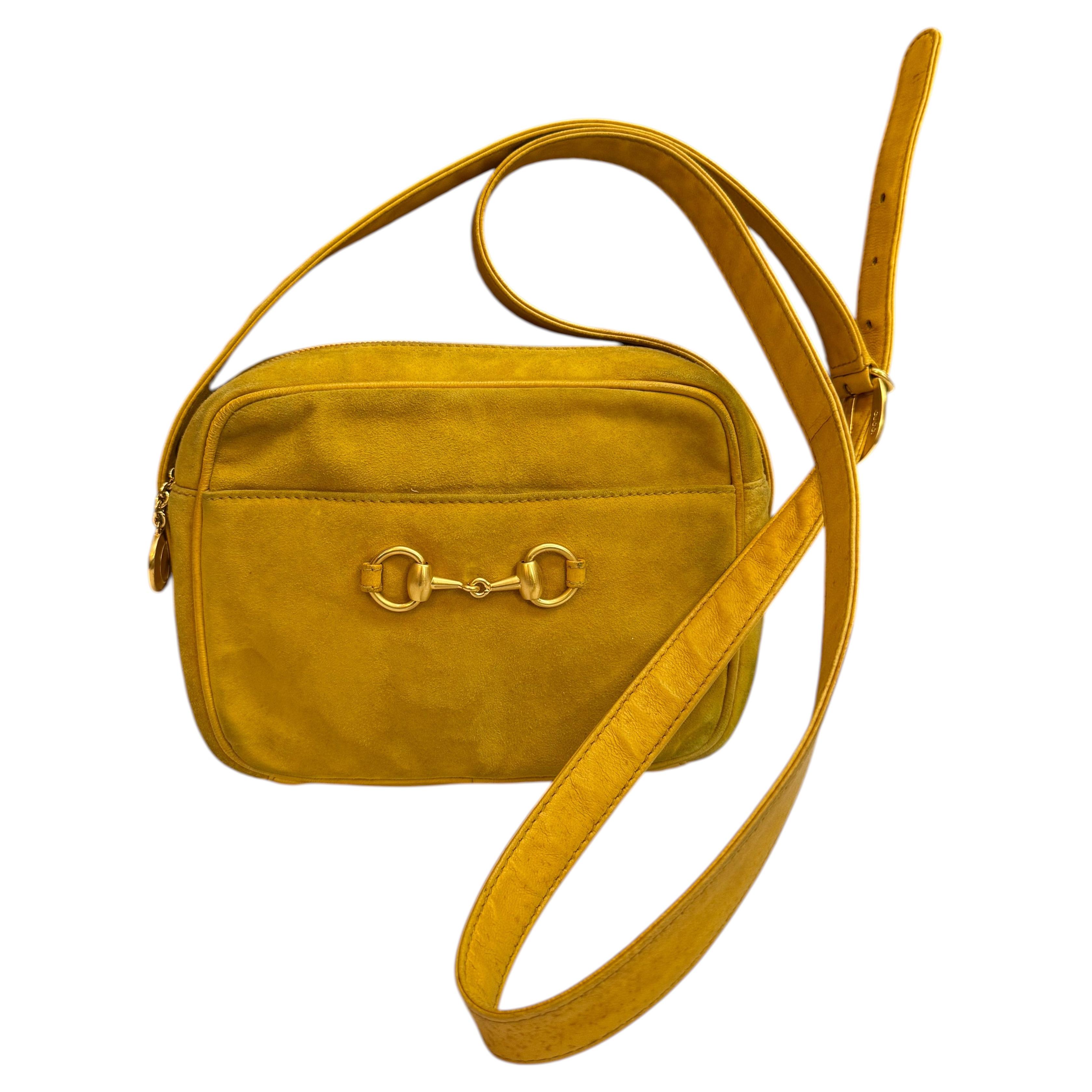 1990s Vintage GUCCI Nubuck Horsebit Camera Bag Yellow Small Unisex