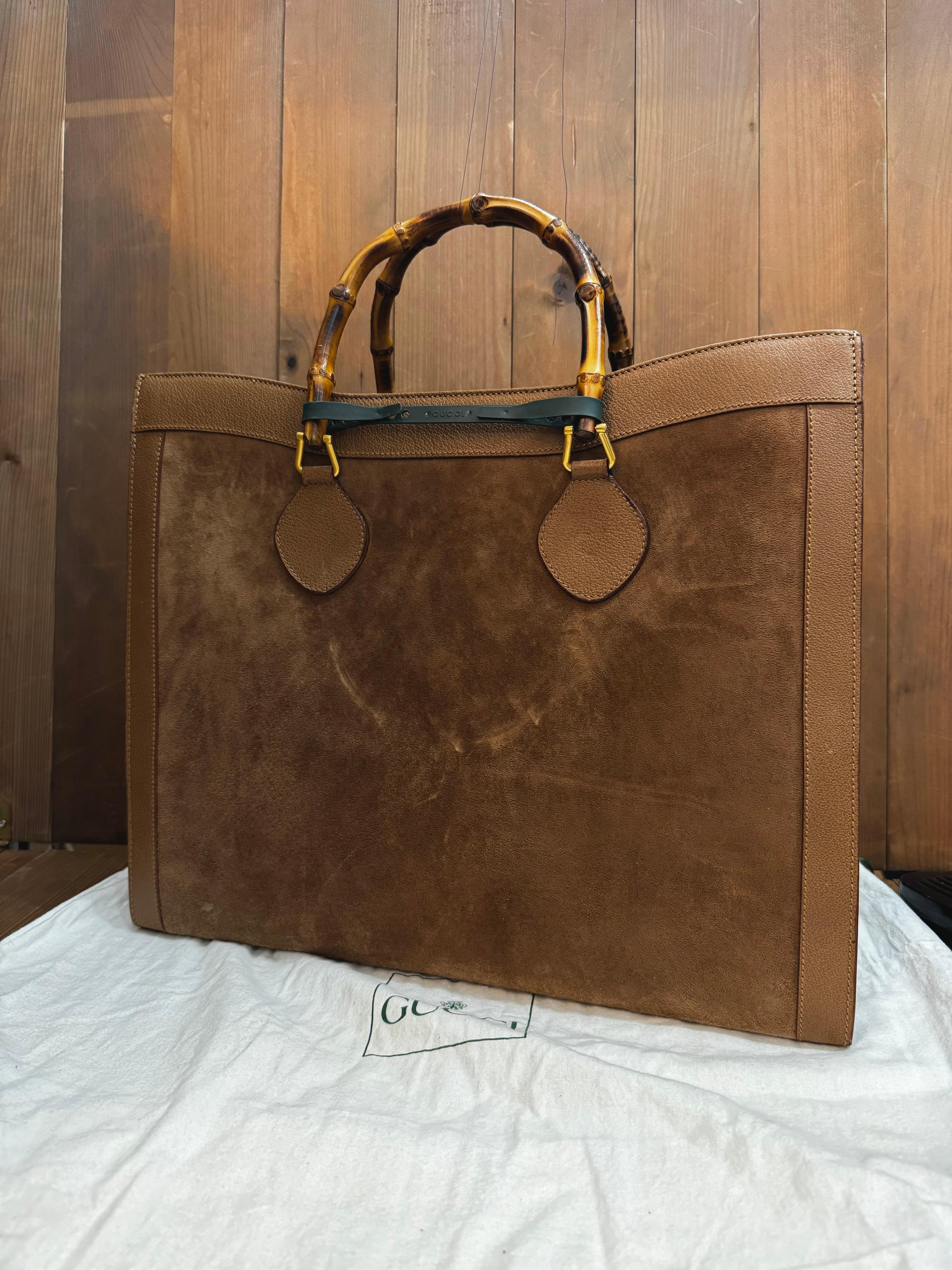 1990s Vintage GUCCI Large Diana Tote Bamboo Tote Bag Nubuck Leather Brown In Good Condition In Bangkok, TH