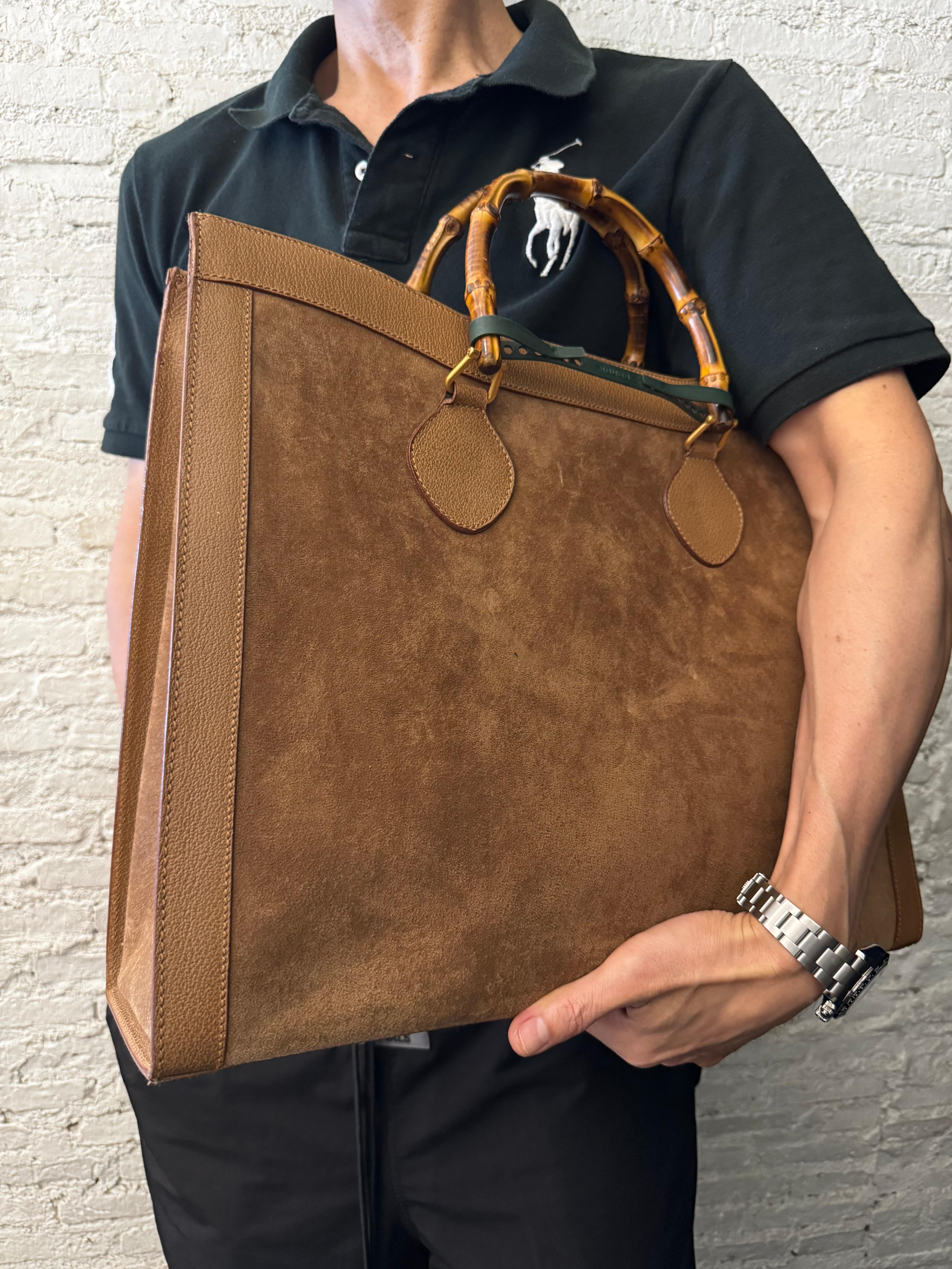 Women's or Men's 1990s Vintage GUCCI Large Diana Tote Bamboo Tote Bag Nubuck Leather Brown