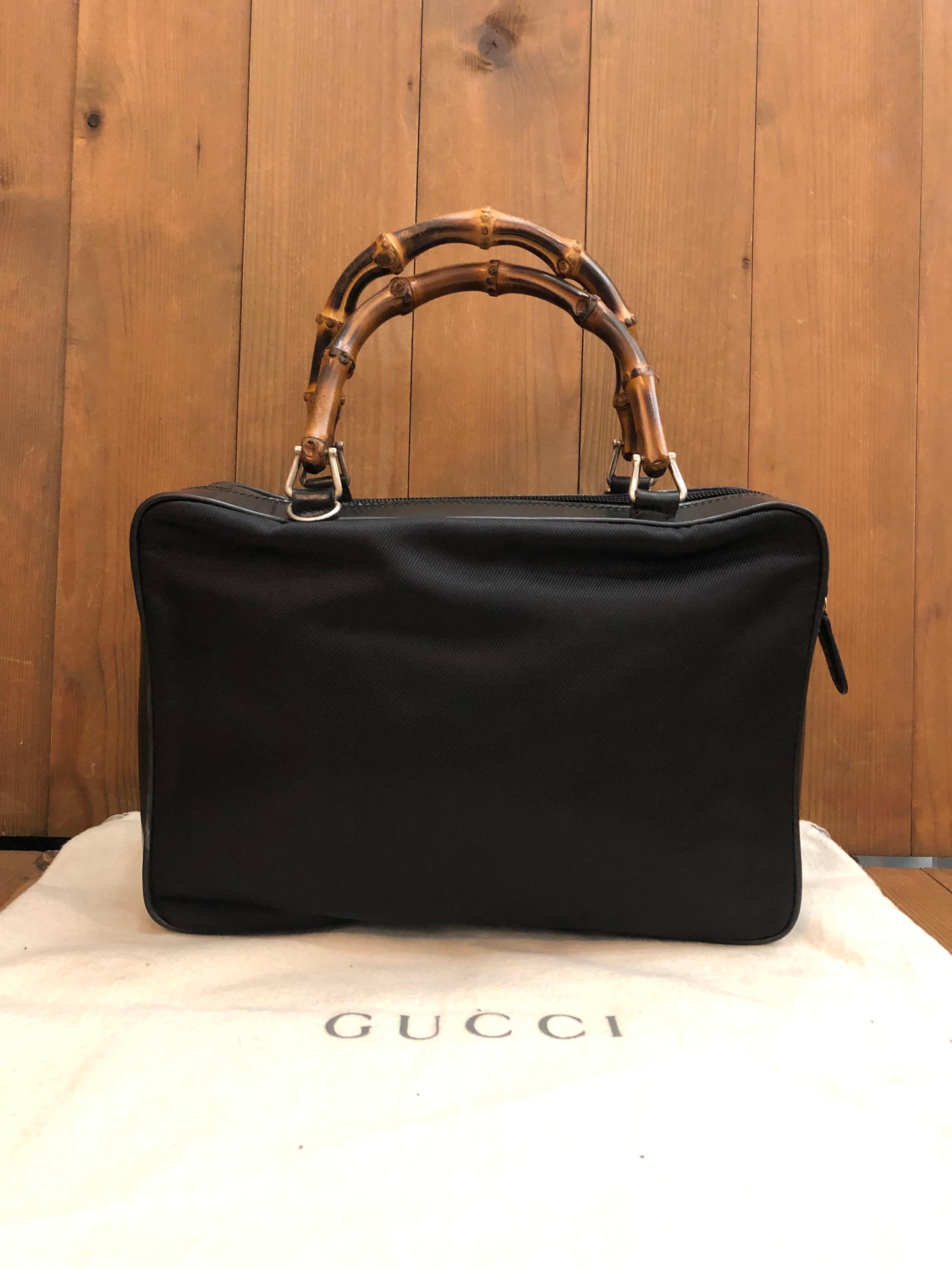 1990s Vintage GUCCI Nylon Bamboo Briefcase Document Handbag Small Black In Good Condition In Bangkok, TH