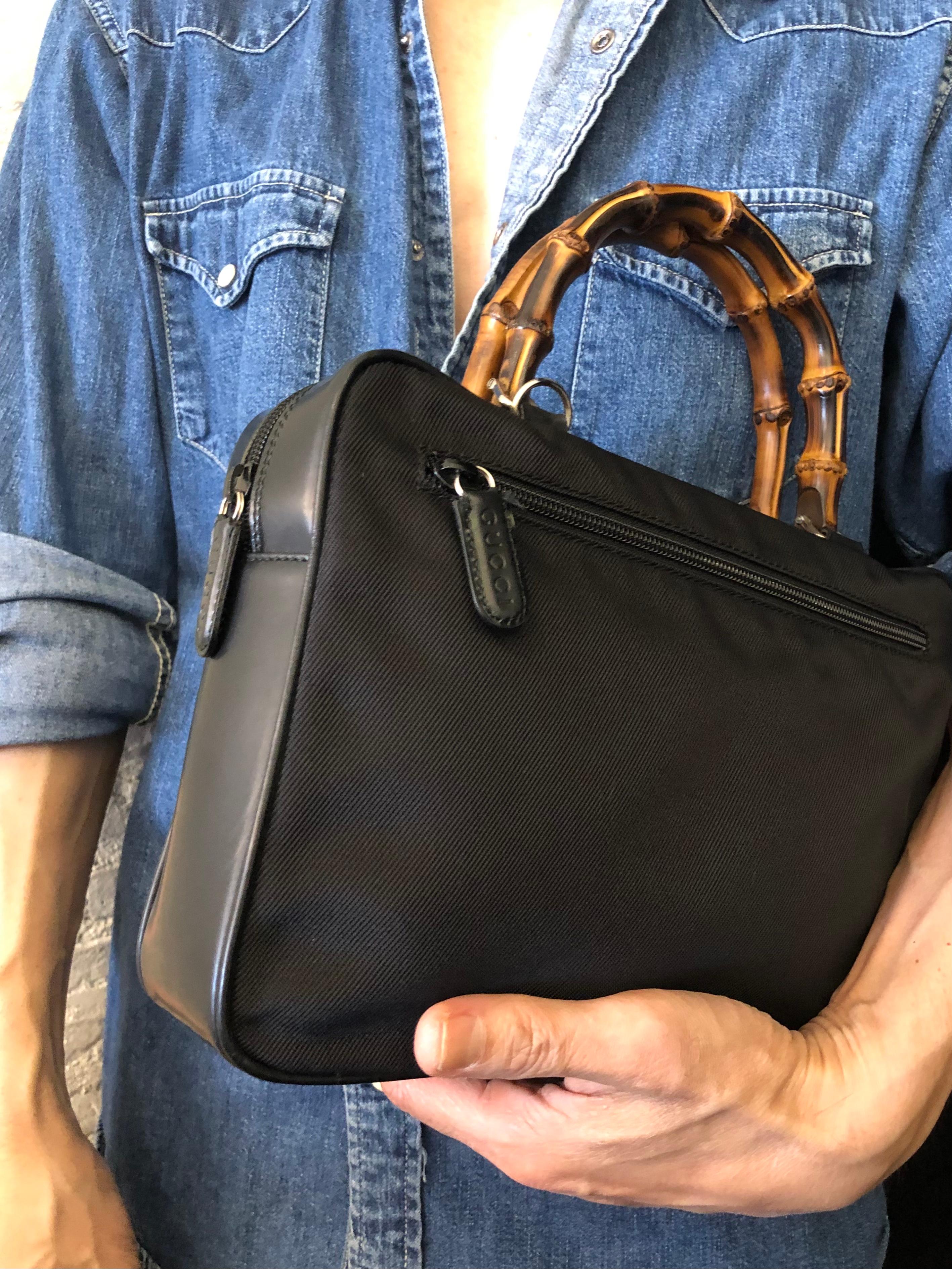 1990 Vintage GUCCI Nylon Bamboo Briefcase Document Handbag Small Black Bon état à Bangkok, TH