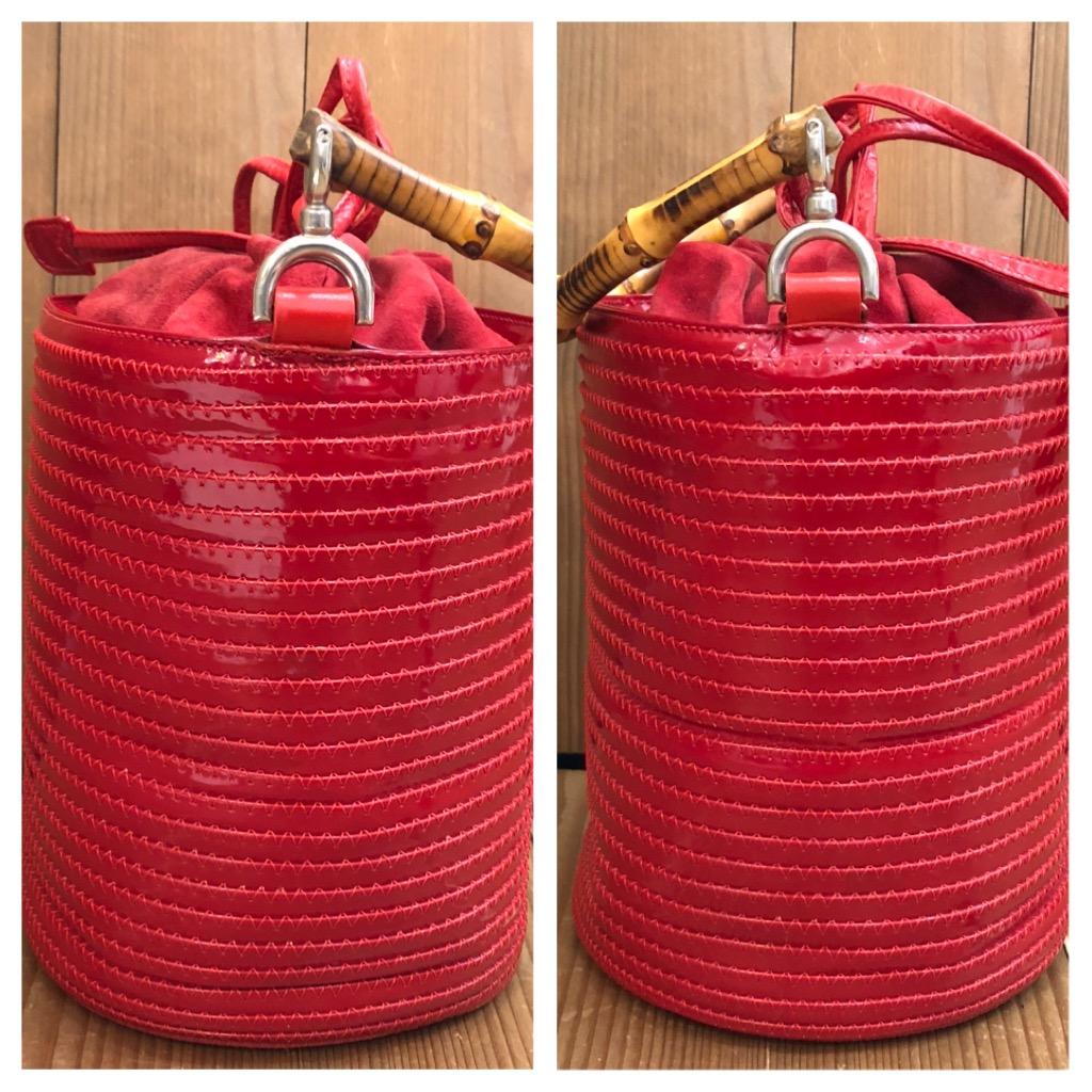 1990s Vintage GUCCI Patent Leather Bamboo Bucket Bag Drawstring Red For Sale 6