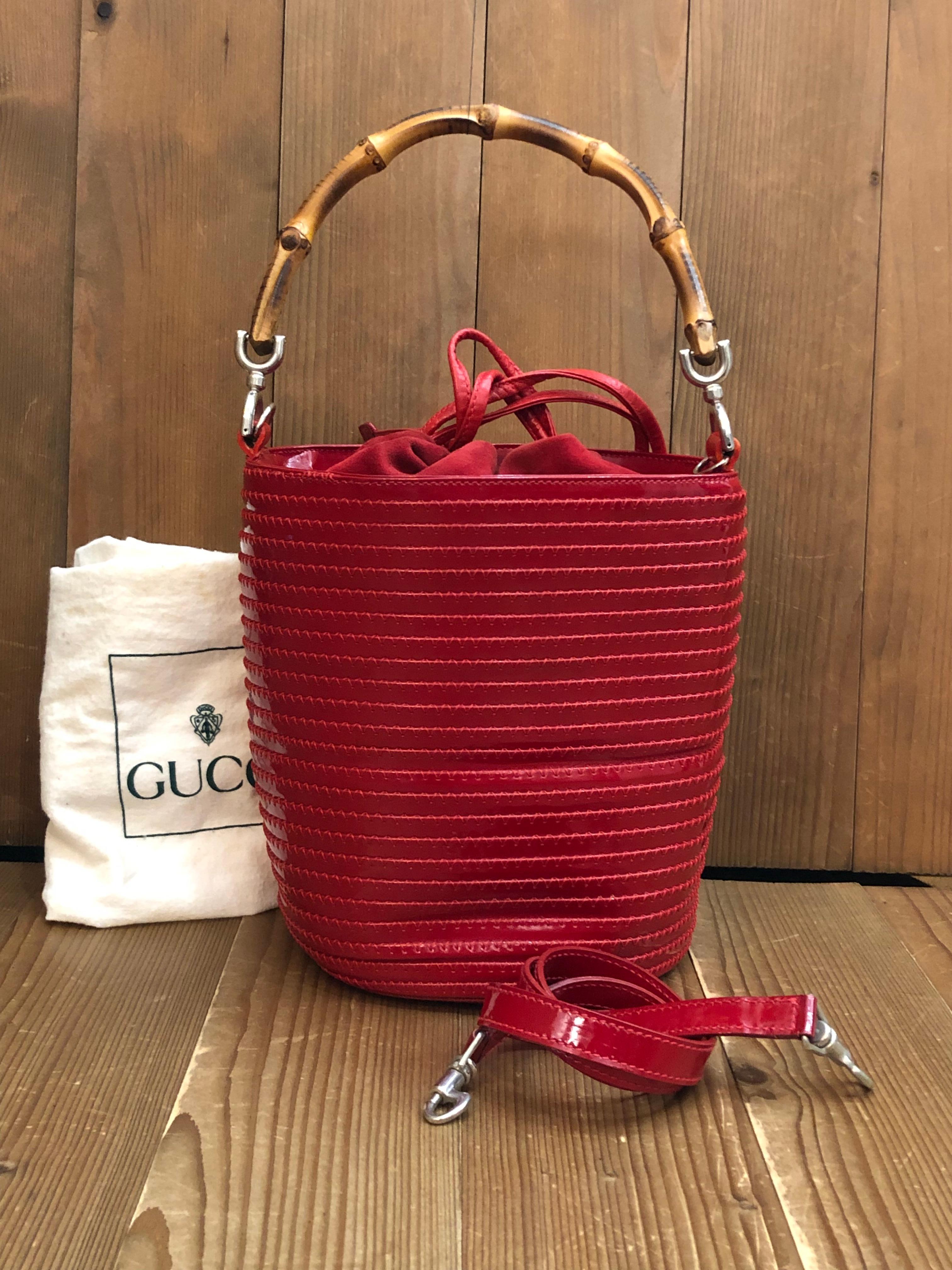 1990s Vintage GUCCI Patent Leather Bamboo Bucket Bag Drawstring Red In Good Condition For Sale In Bangkok, TH