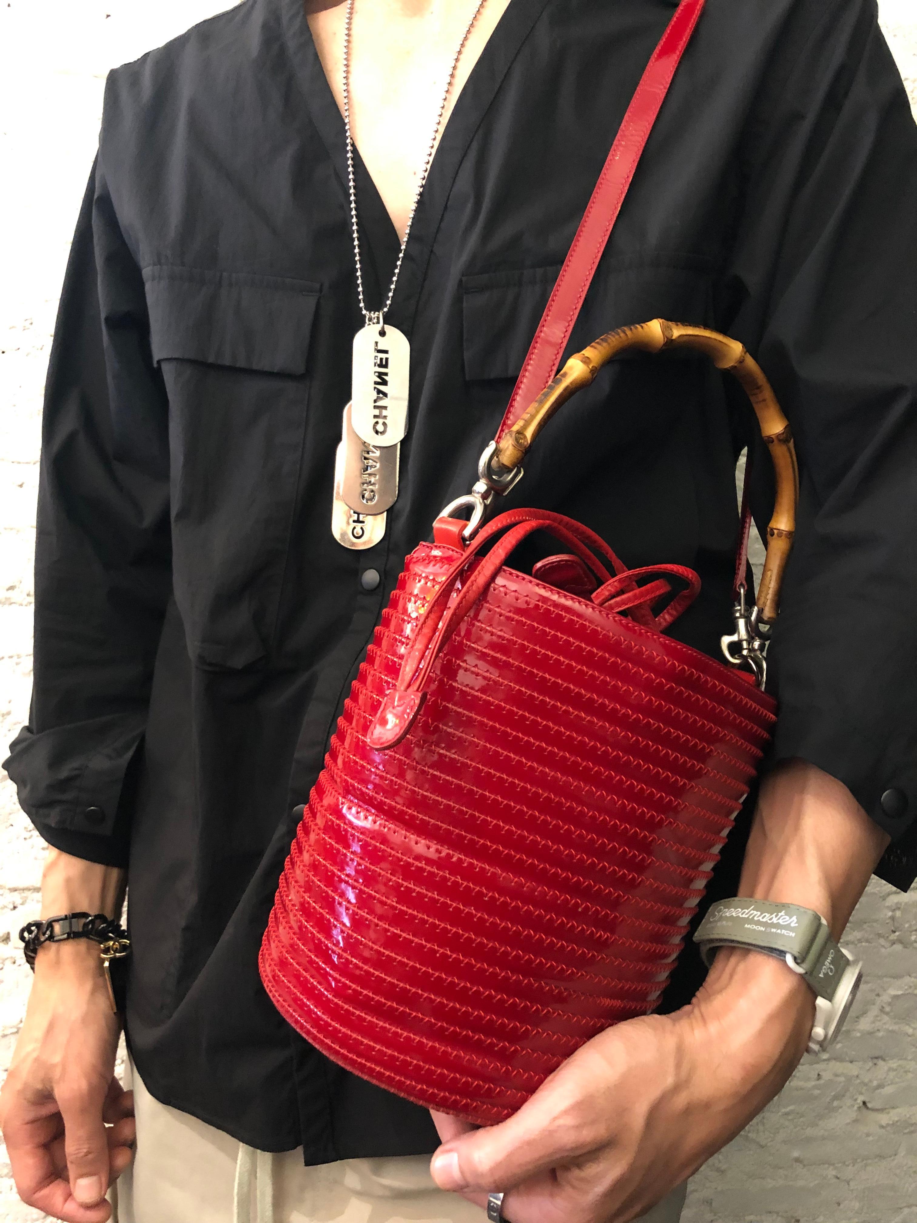 Women's or Men's 1990s Vintage GUCCI Patent Leather Bamboo Bucket Bag Drawstring Red For Sale