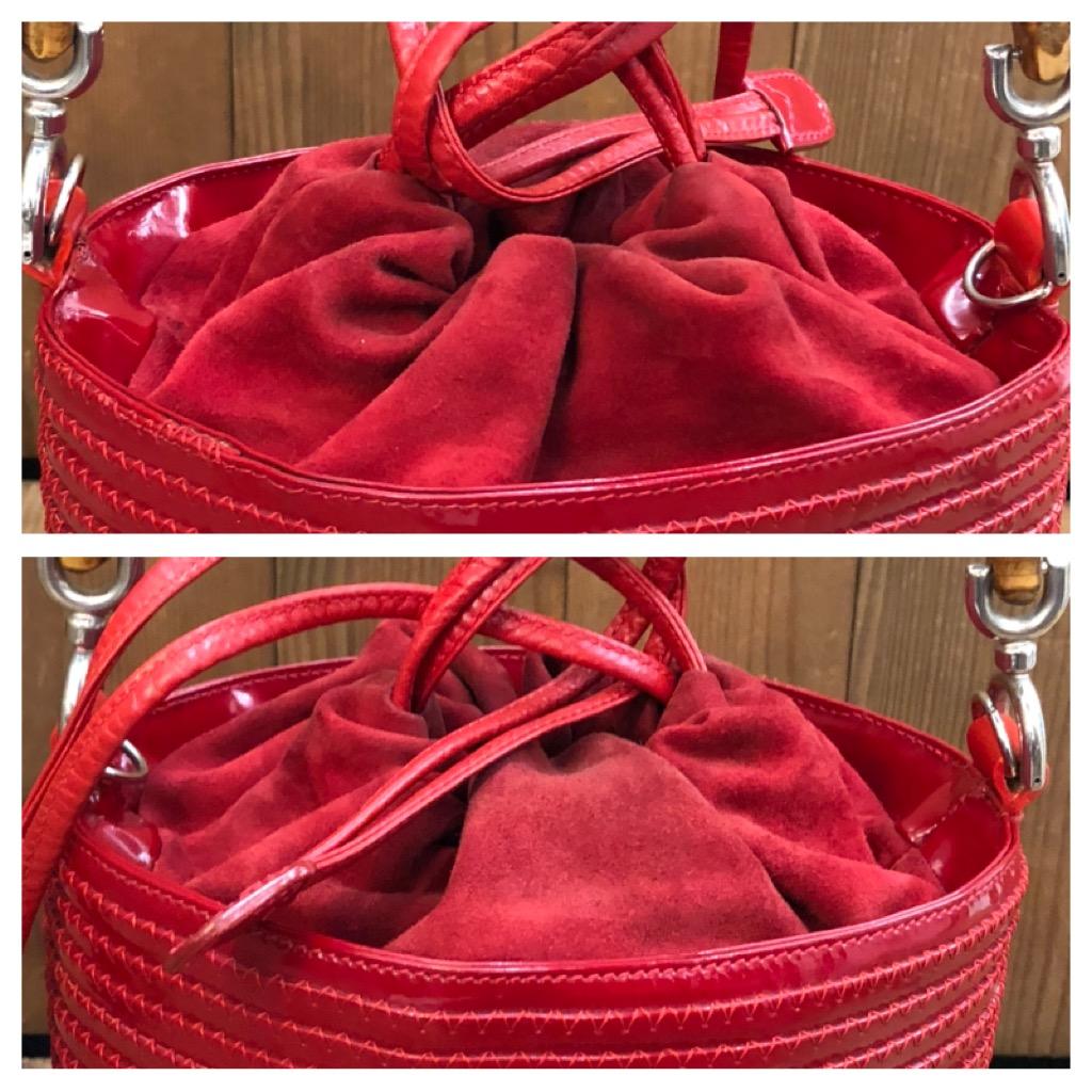 1990s Vintage GUCCI Patent Leather Bamboo Bucket Bag Drawstring Red For Sale 1