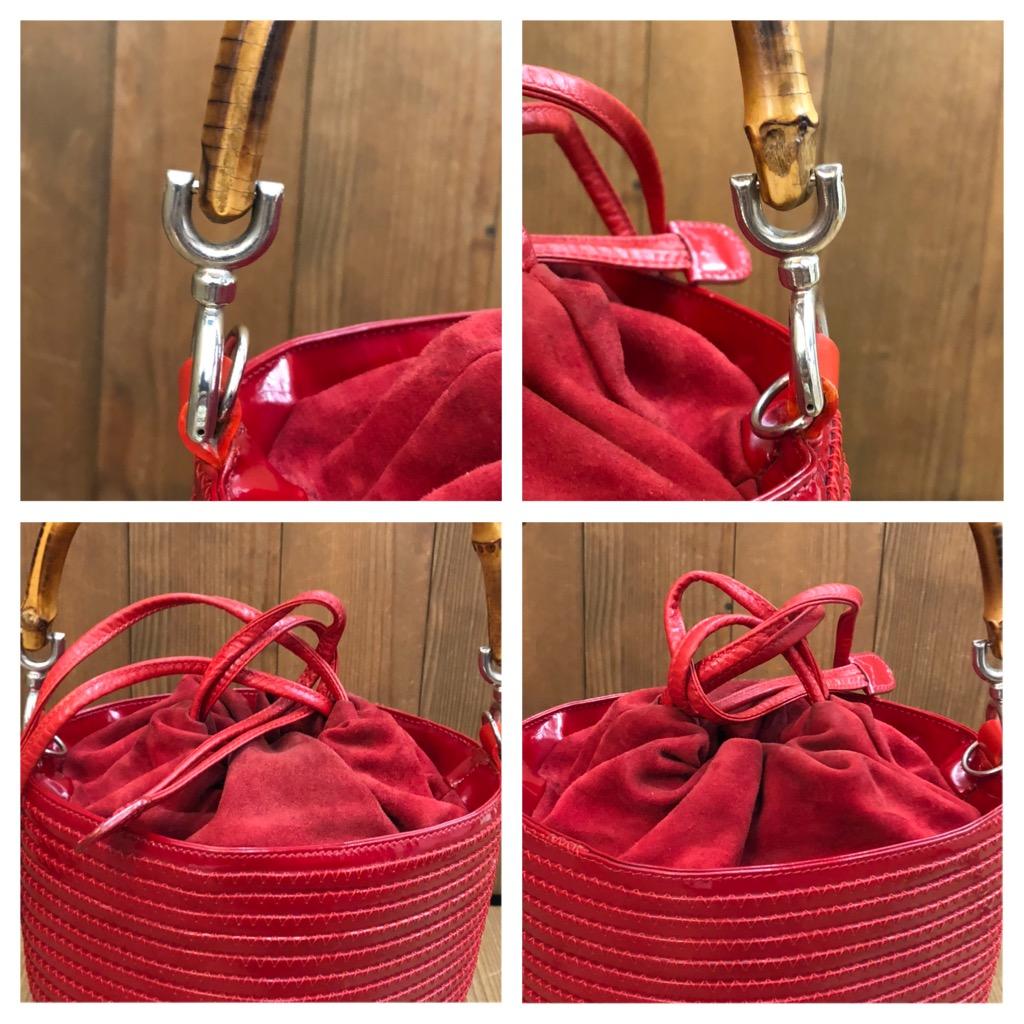 1990s Vintage GUCCI Patent Leather Bamboo Bucket Bag Drawstring Red For Sale 2