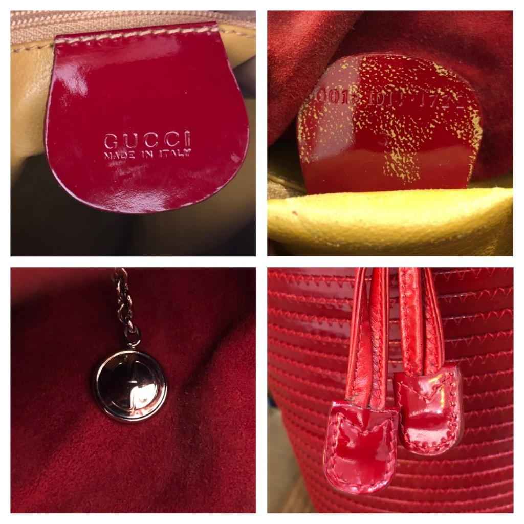 1990s Vintage GUCCI Patent Leather Bamboo Bucket Bag Drawstring Red For Sale 4