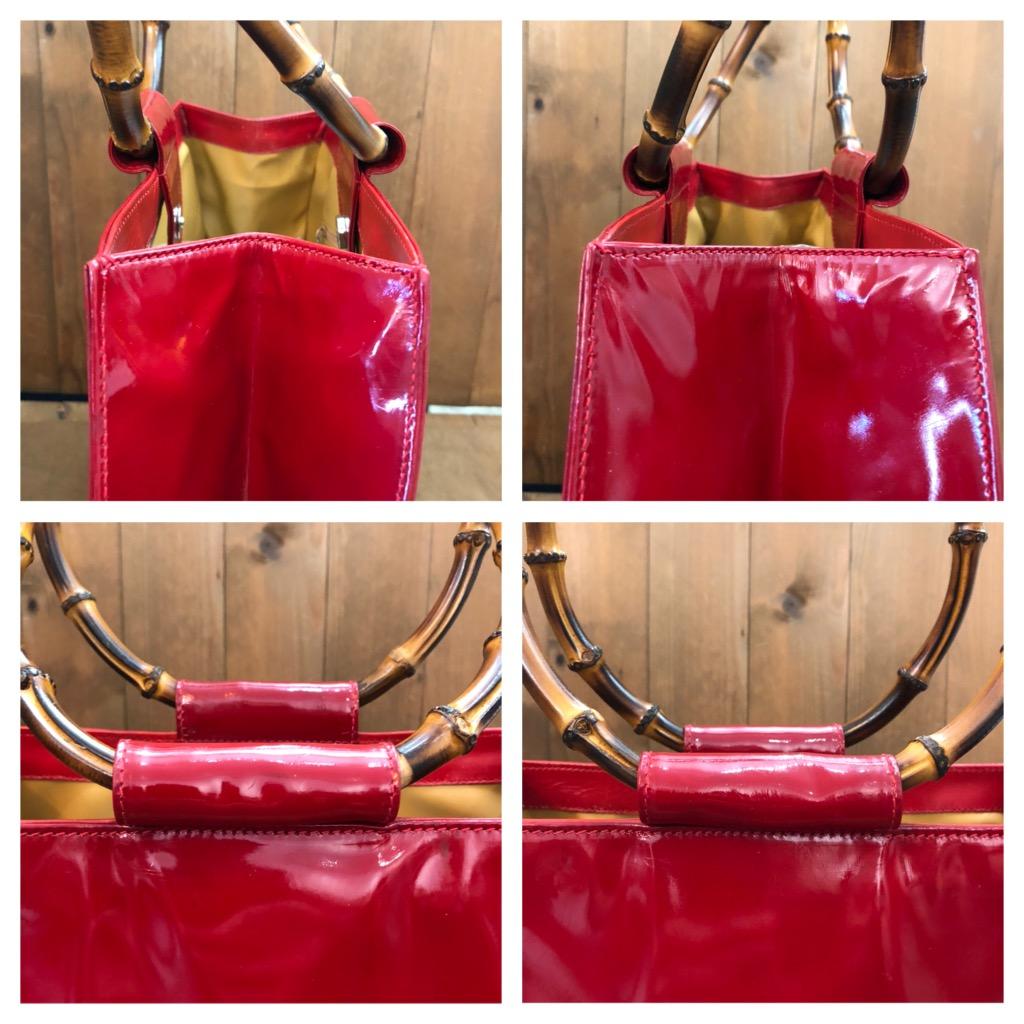 1990s Vintage GUCCI Patent Leather Bamboo Ring Tote Shoulder Bag Red For Sale 1