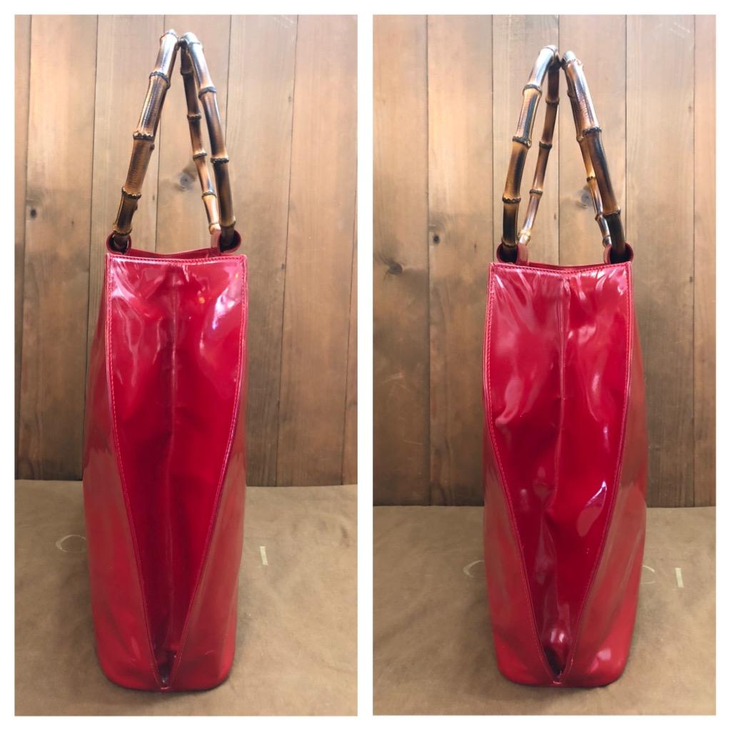 1990s Vintage GUCCI Patent Leather Bamboo Ring Tote Shoulder Bag Red For Sale 3