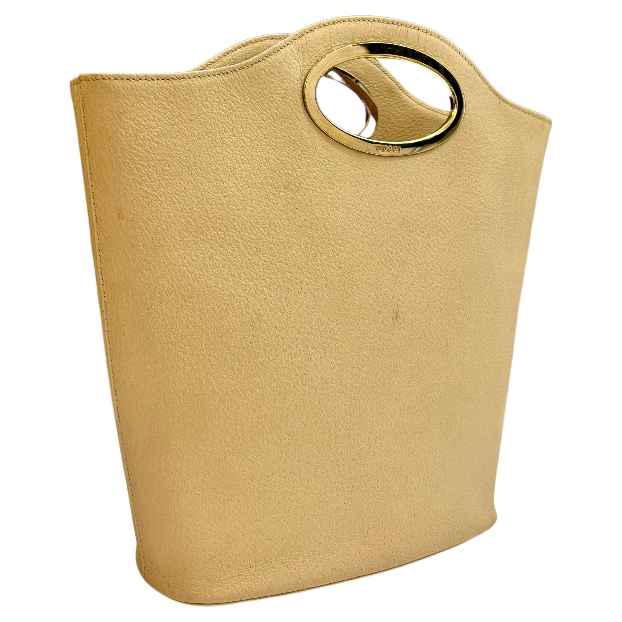 Women's or Men's 1990s Vintage GUCCI Pigskin Leather Book Tote Bag Beige