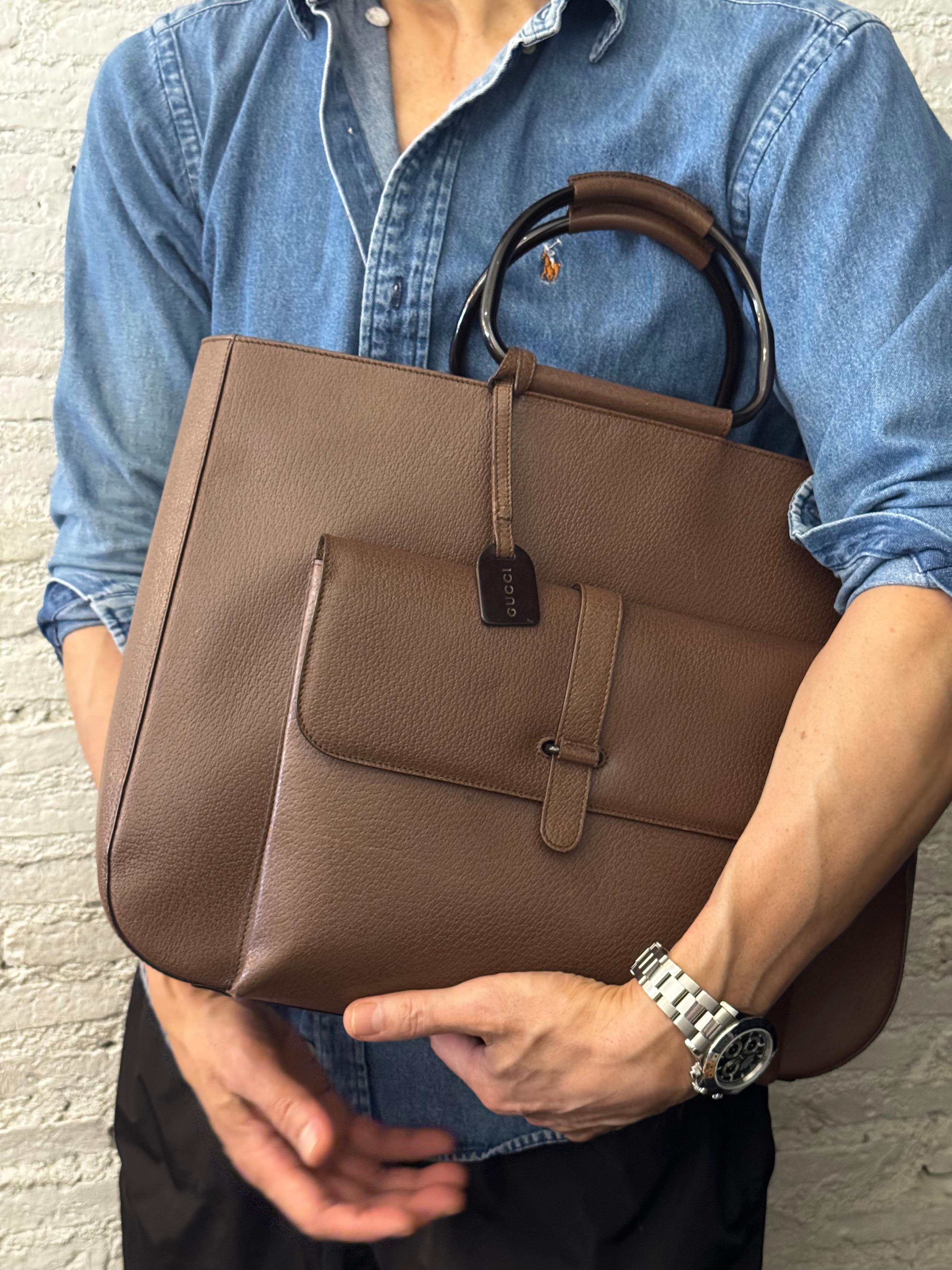 Women's or Men's 1990s Vintage GUCCI Pigskin Leather Tote Bag Brown Large