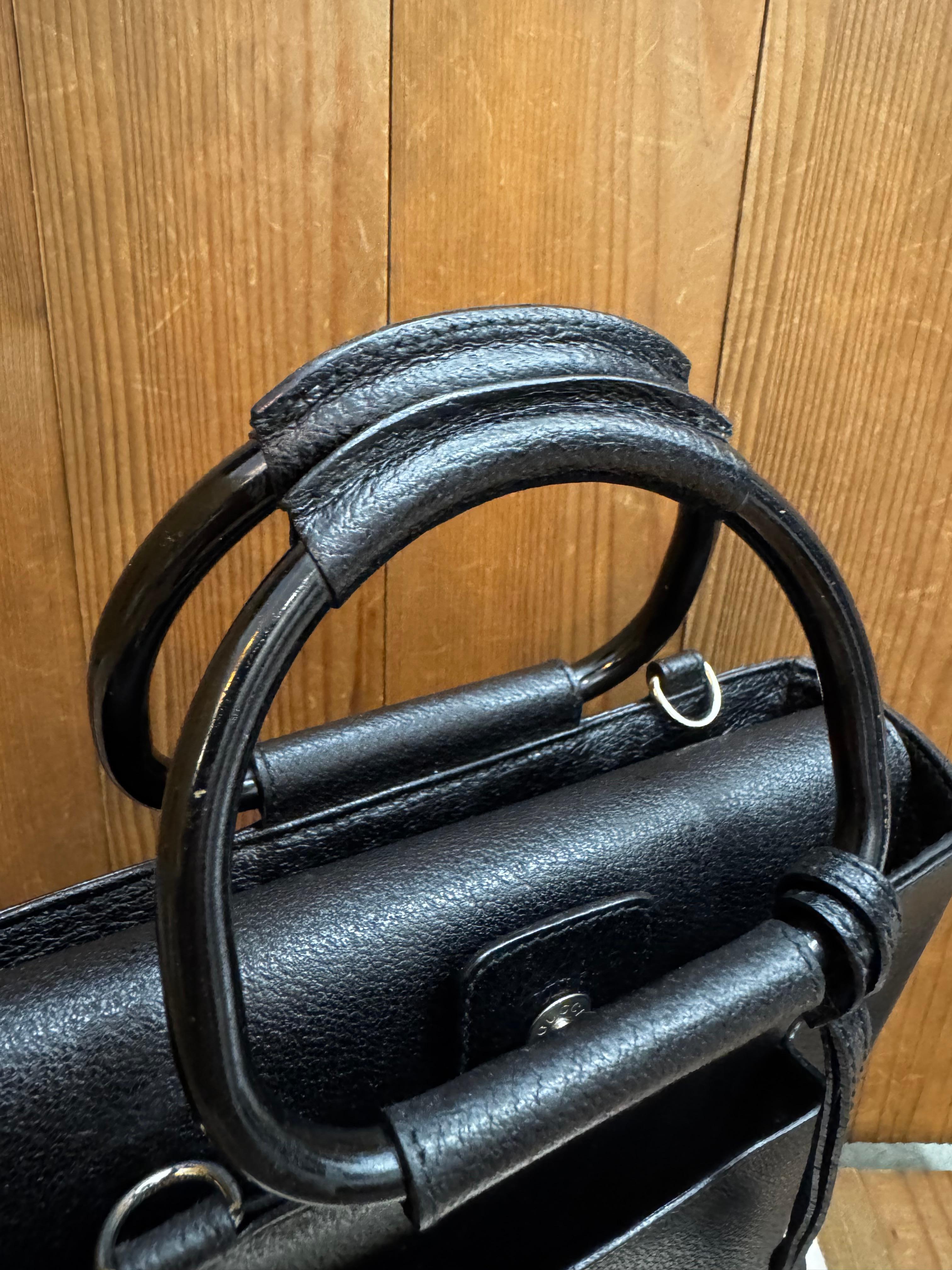 1990s Vintage GUCCI Pigskin Leather Tote Bag Black Small For Sale 7