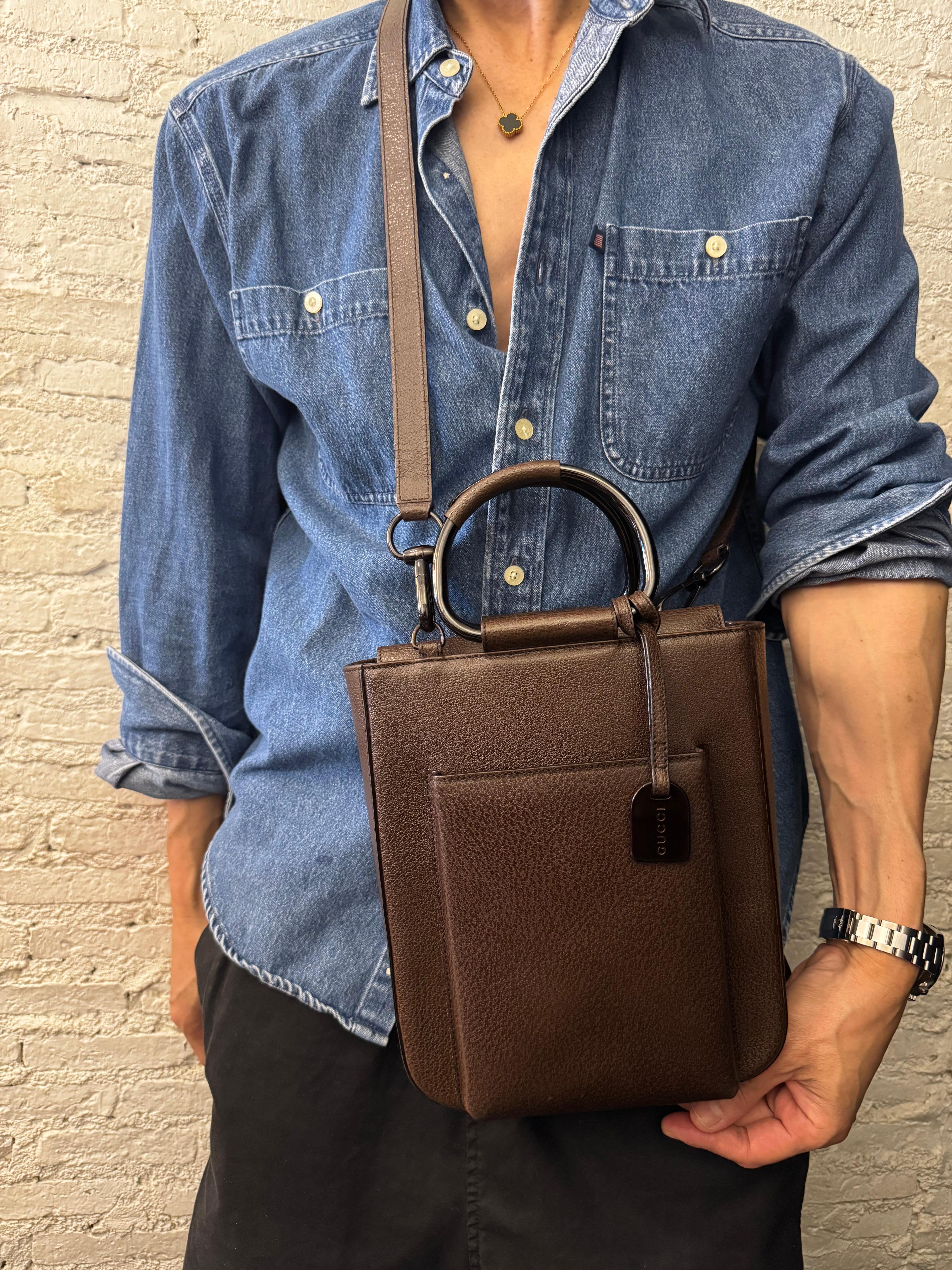 1990s Vintage GUCCI Pigskin Leather Tote Bag Brown Small For Sale 7