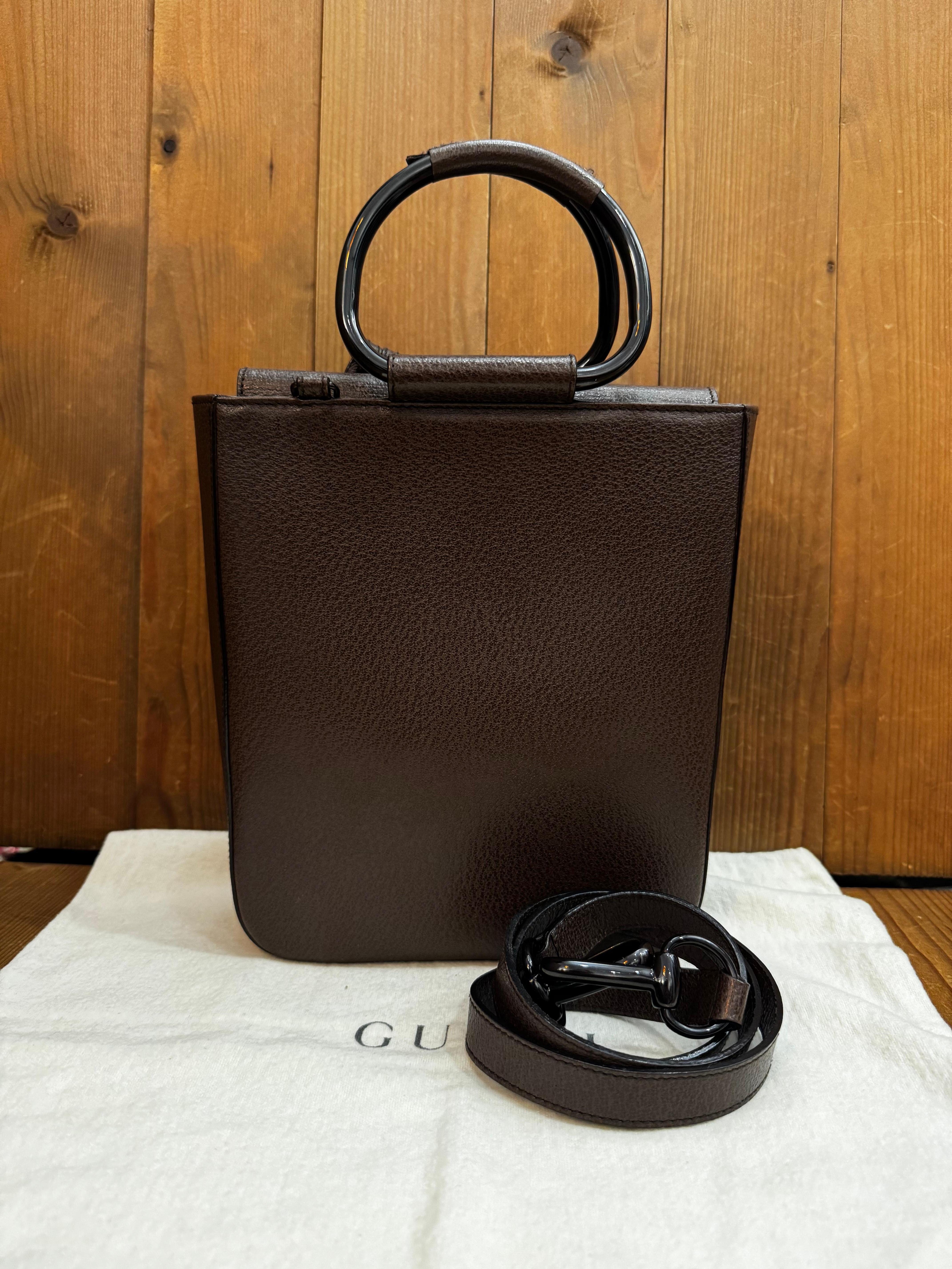 Black 1990s Vintage GUCCI Pigskin Leather Tote Bag Brown Small For Sale