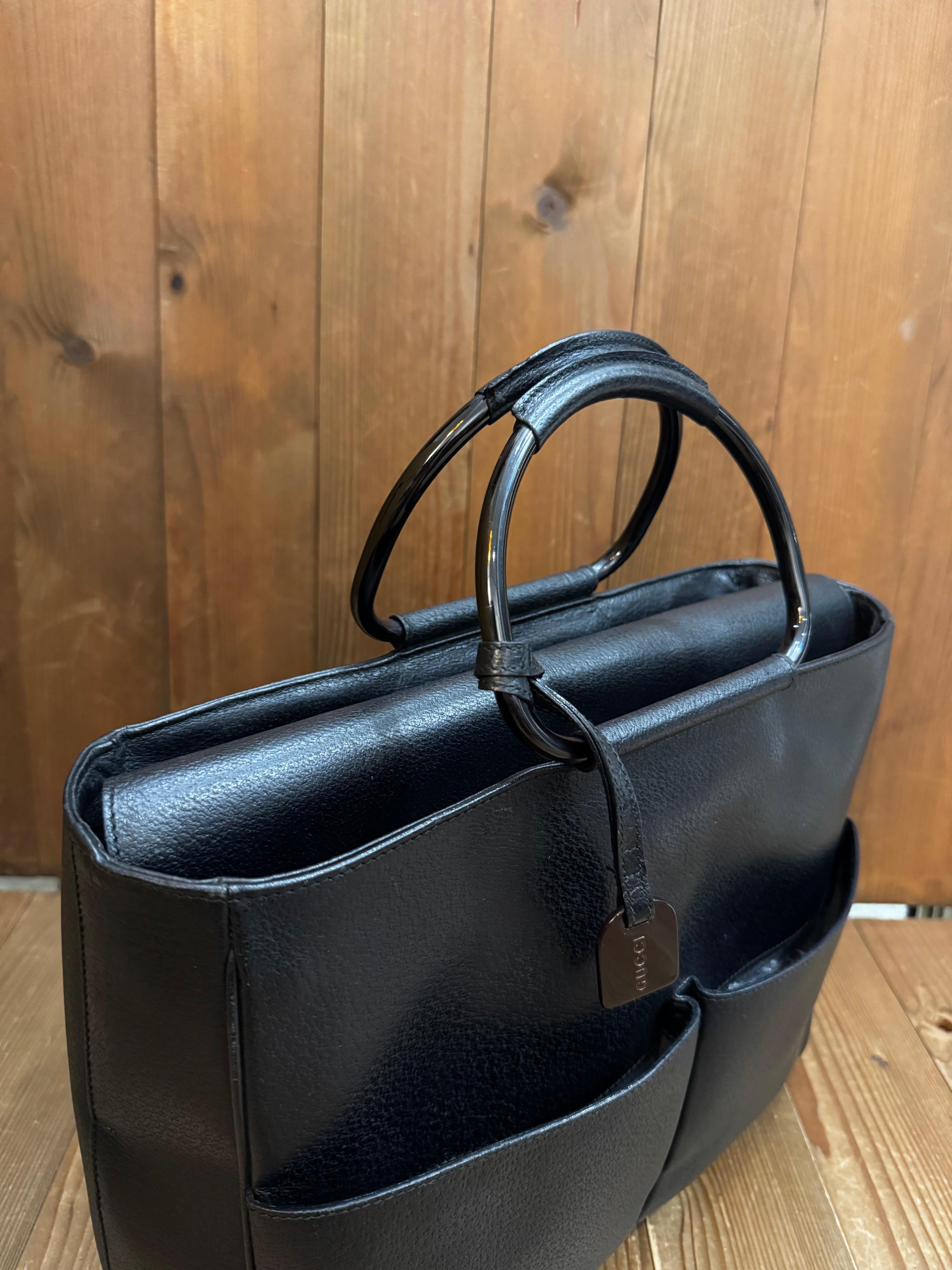 1990s Vintage GUCCI Pigskin Leather Tote Bag Black Large 4