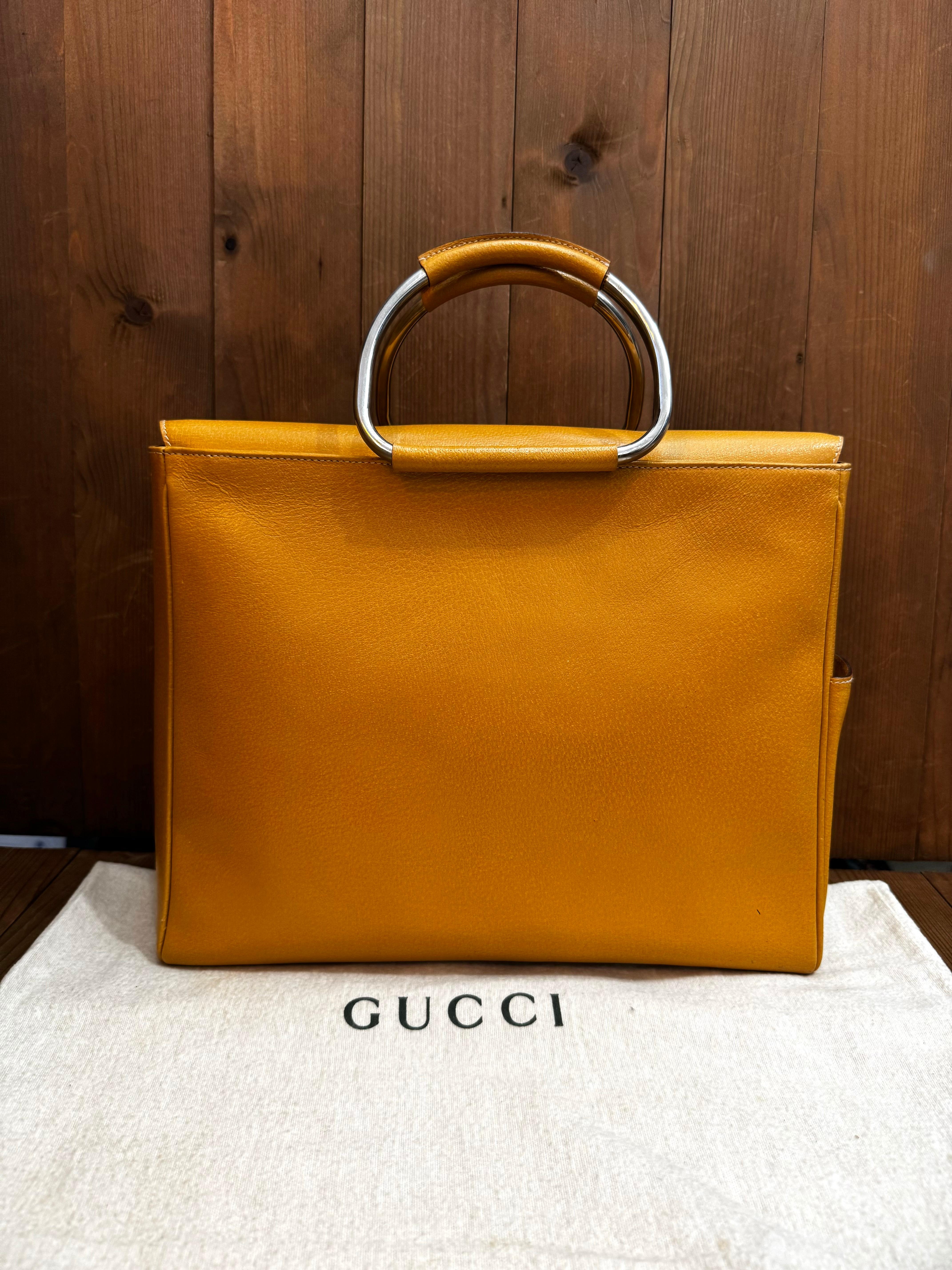 Orange 1990s Vintage GUCCI Pigskin Leather Tote Bag Mustard