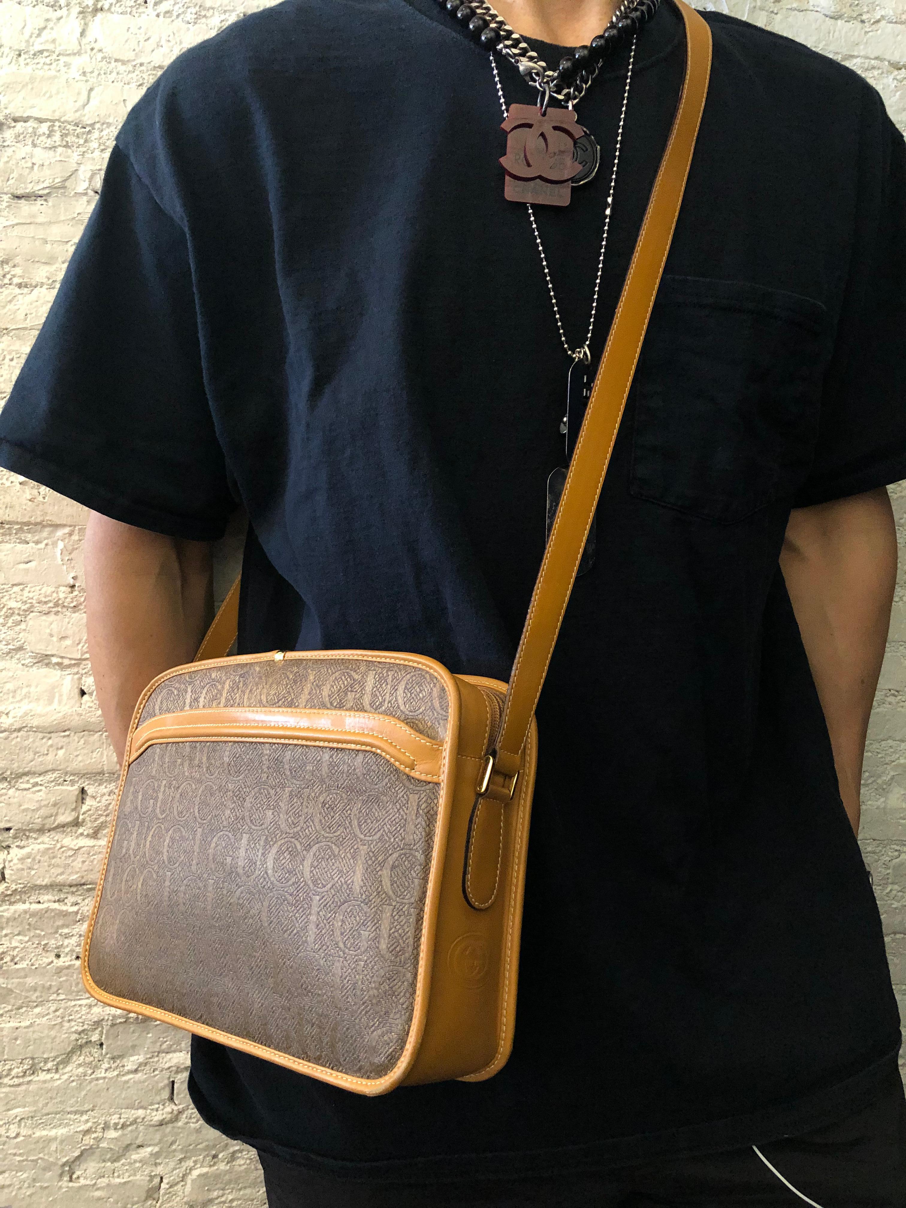 1990s Vintage GUCCI Silk Jacquard Crossbody Messenger Bag Brown 1