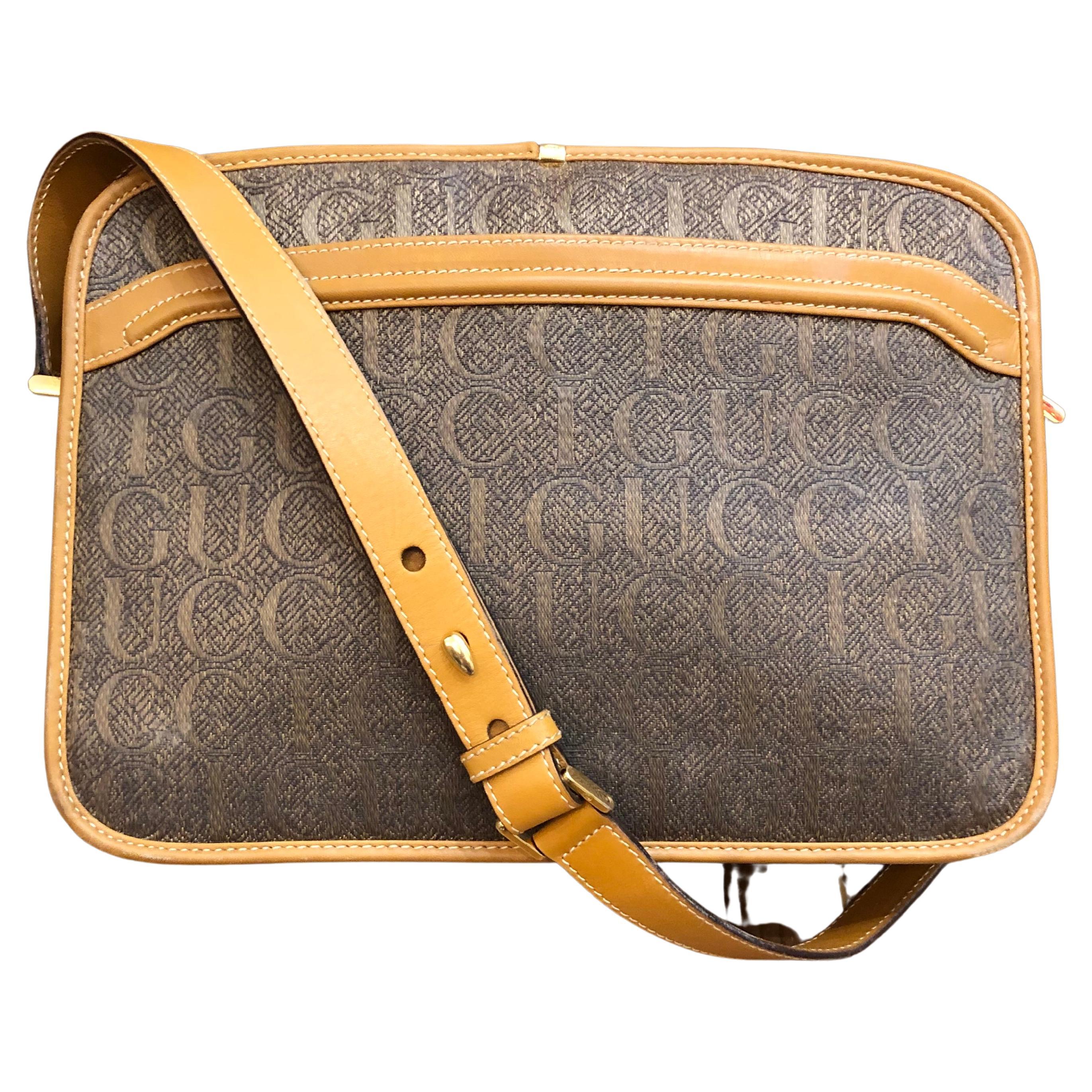 1990s Vintage GUCCI Silk Jacquard Crossbody Messenger Bag Brown For