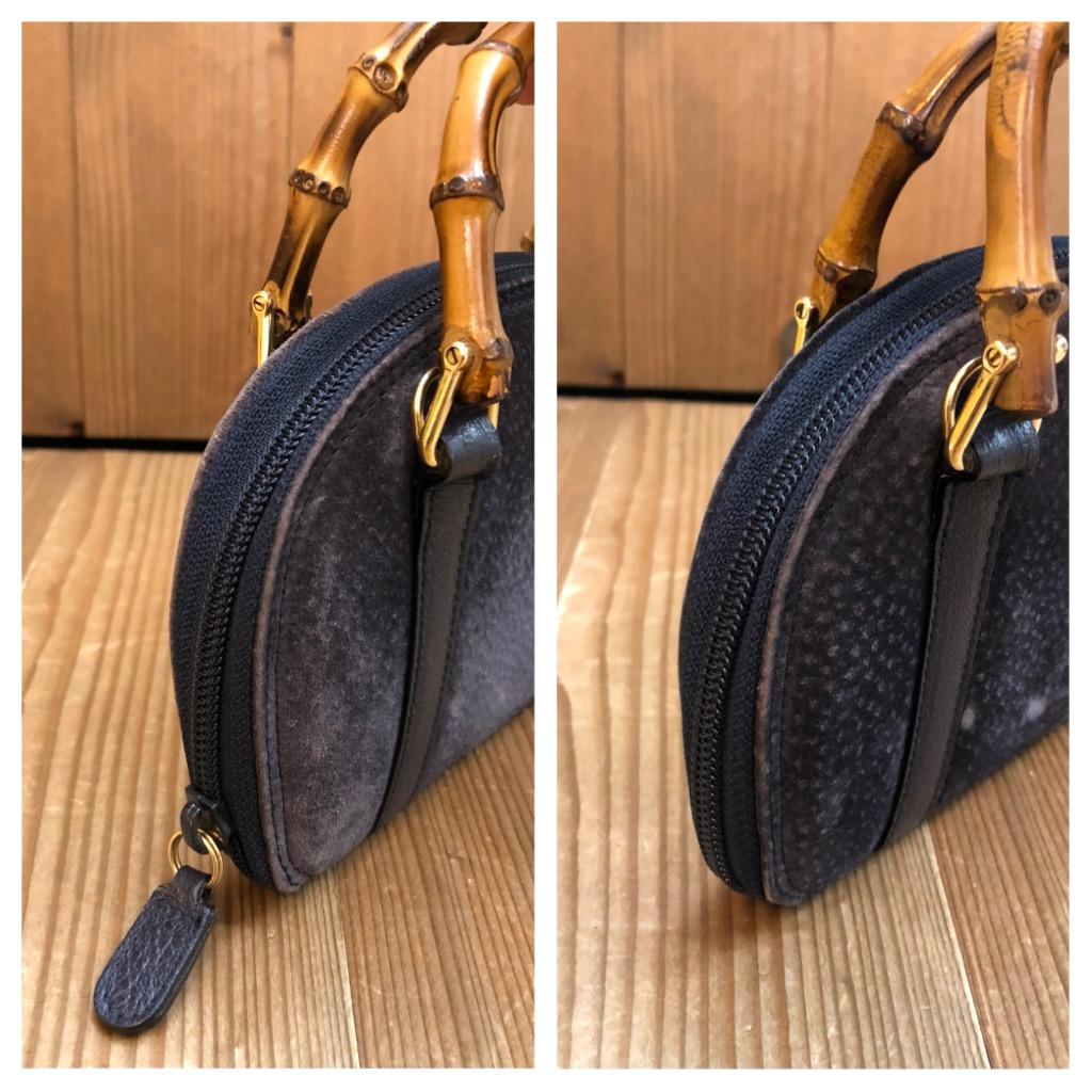 GUCCI Mini sac à bandoulière vintage en cuir et bambou bleu marine en vente 3