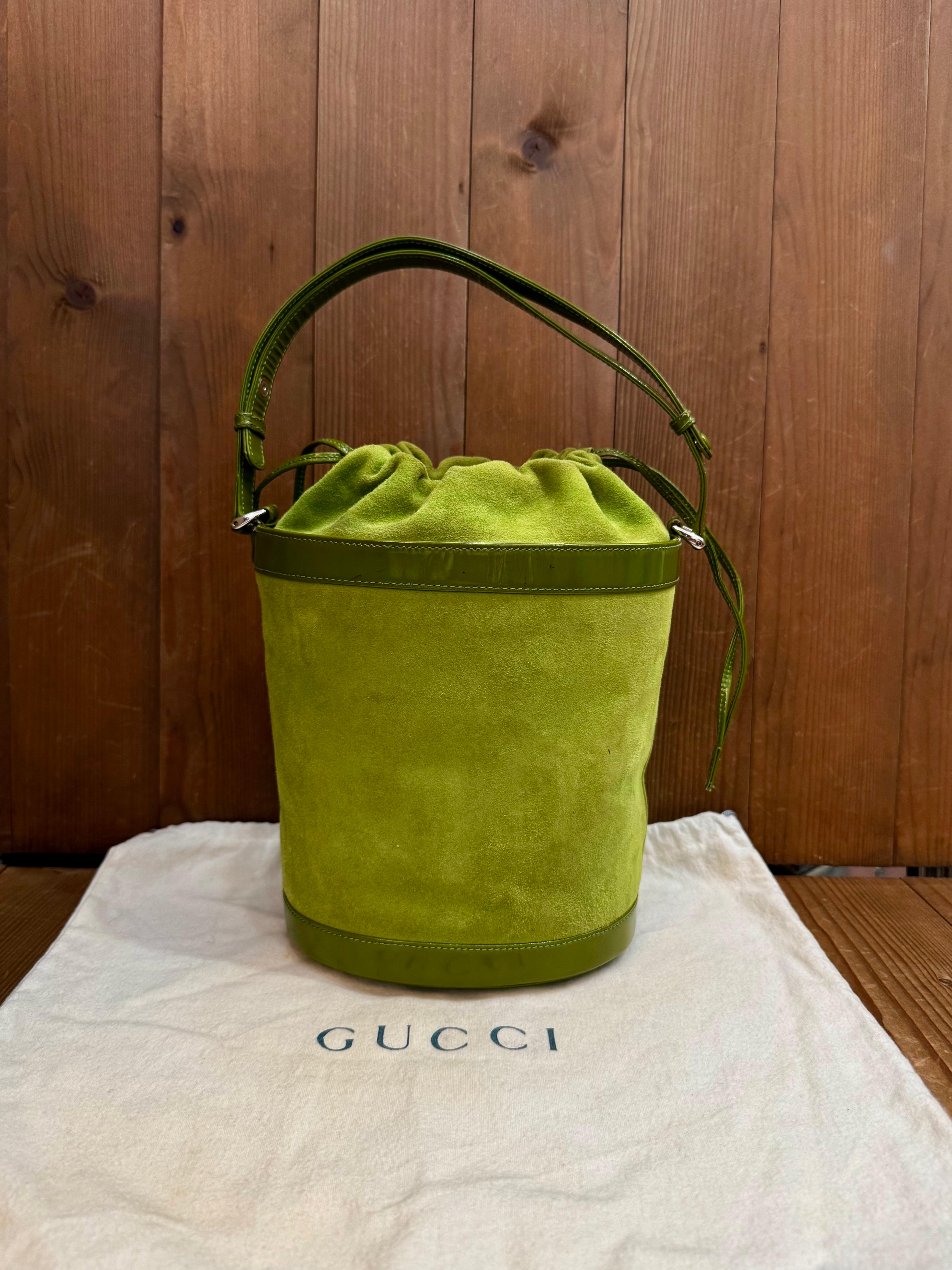 Brown 1990s Vintage GUCCI Suede Patent Leather Bucket Bag Lime