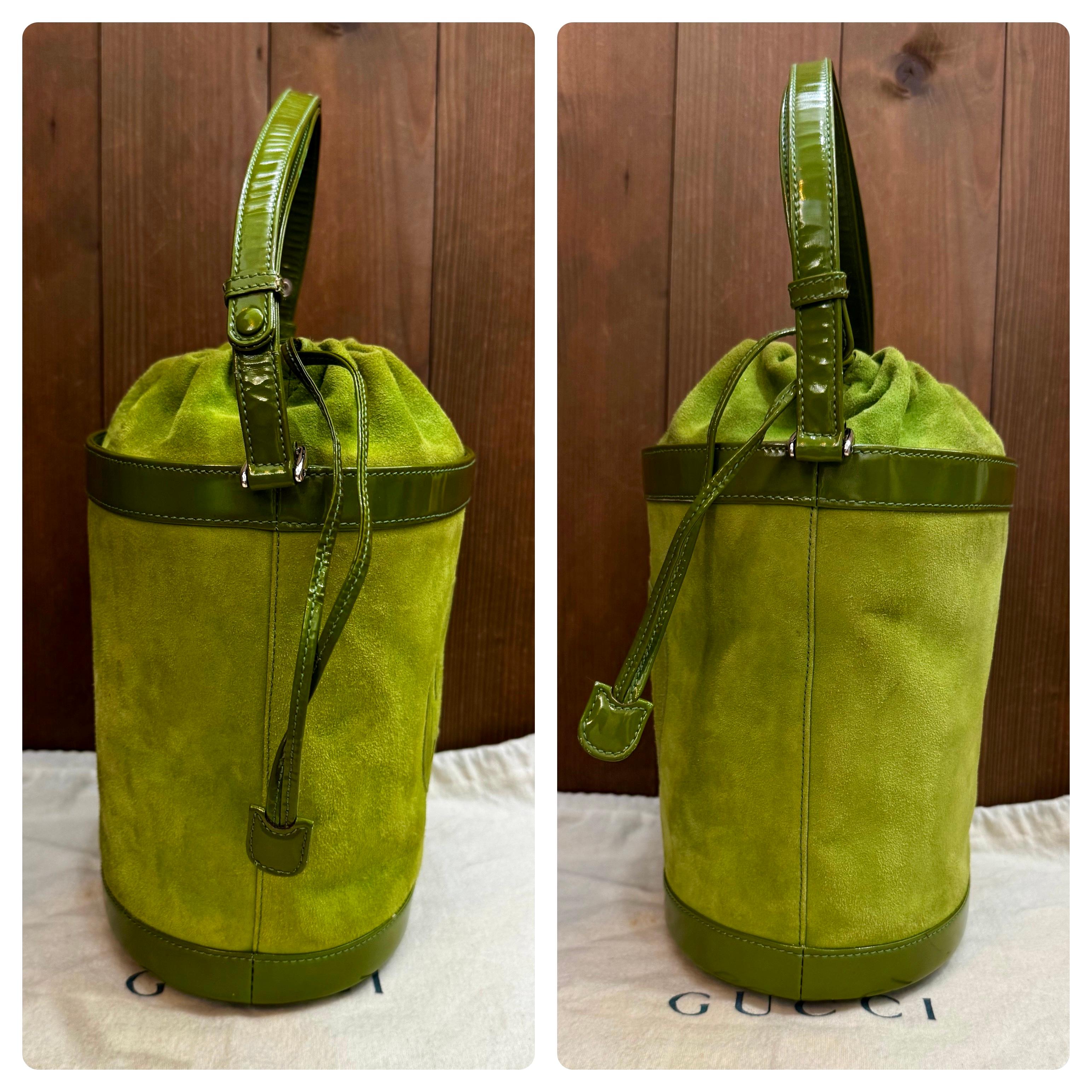Women's or Men's 1990s Vintage GUCCI Suede Patent Leather Bucket Bag Lime