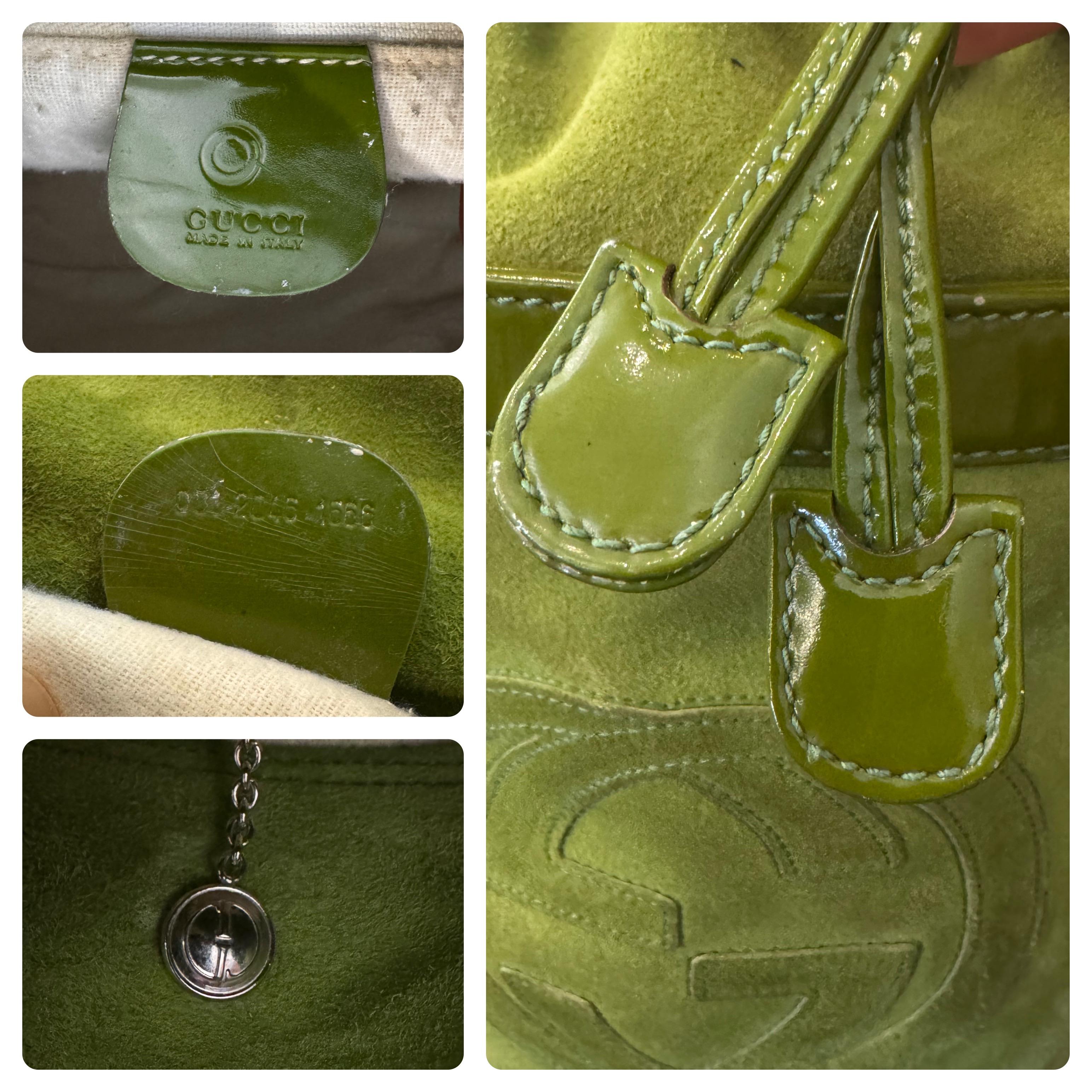 1990s Vintage GUCCI Suede Patent Leather Bucket Bag Lime 1