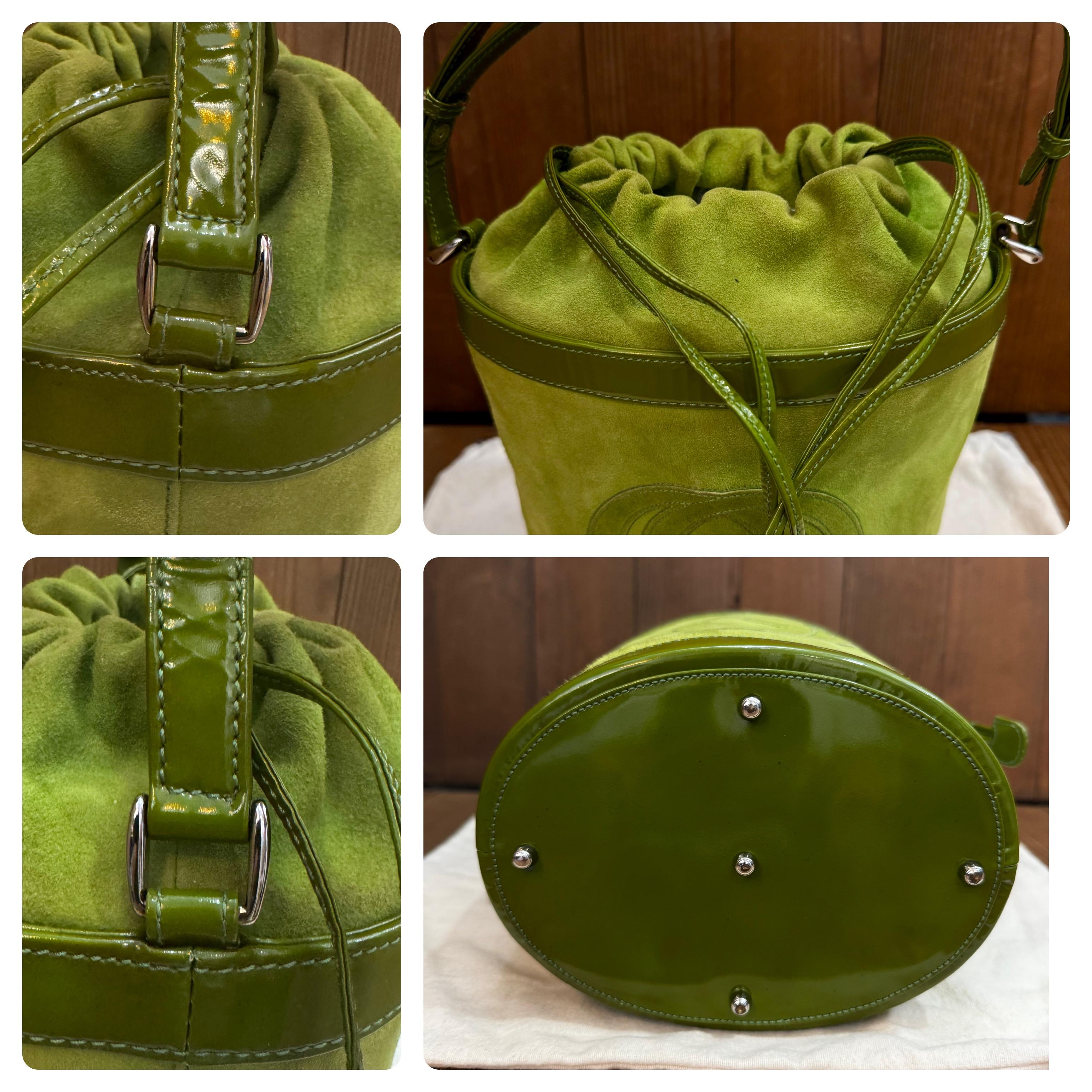 1990s Vintage GUCCI Suede Patent Leather Bucket Bag Lime 2
