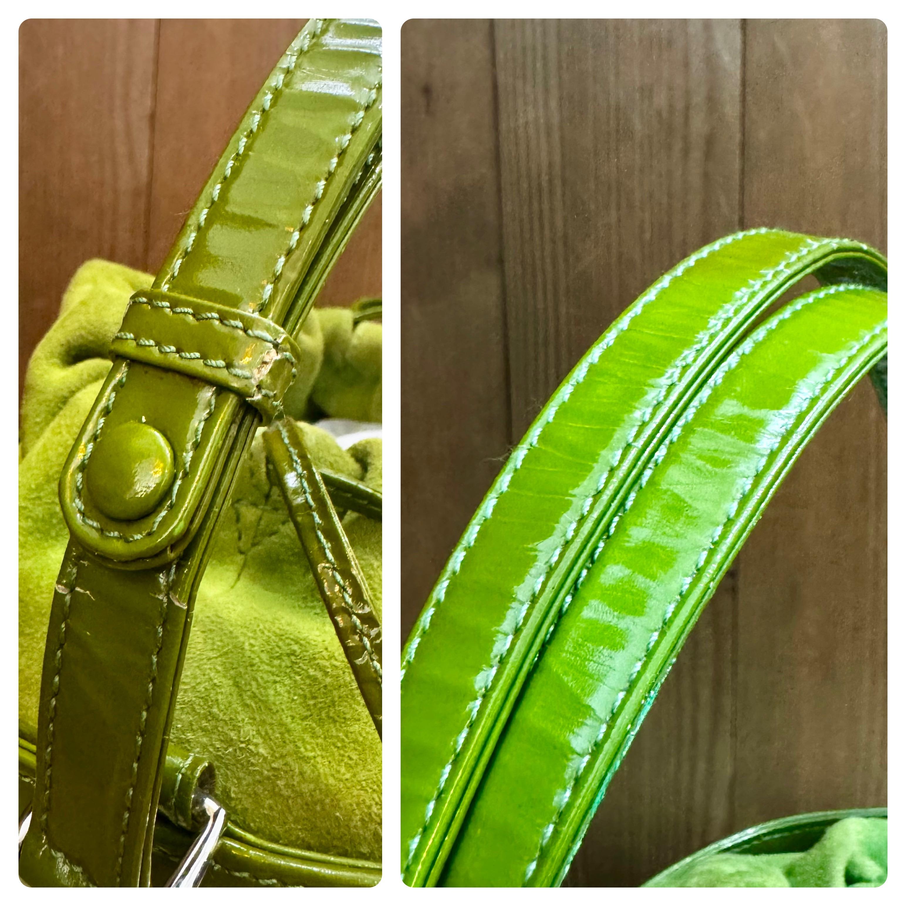 1990s Vintage GUCCI Suede Patent Leather Bucket Bag Lime 3