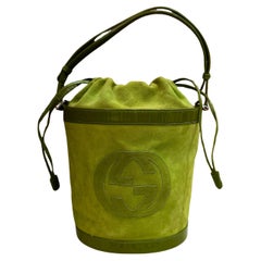 1990s Vintage GUCCI Suede Patent Leather Bucket Bag Lime