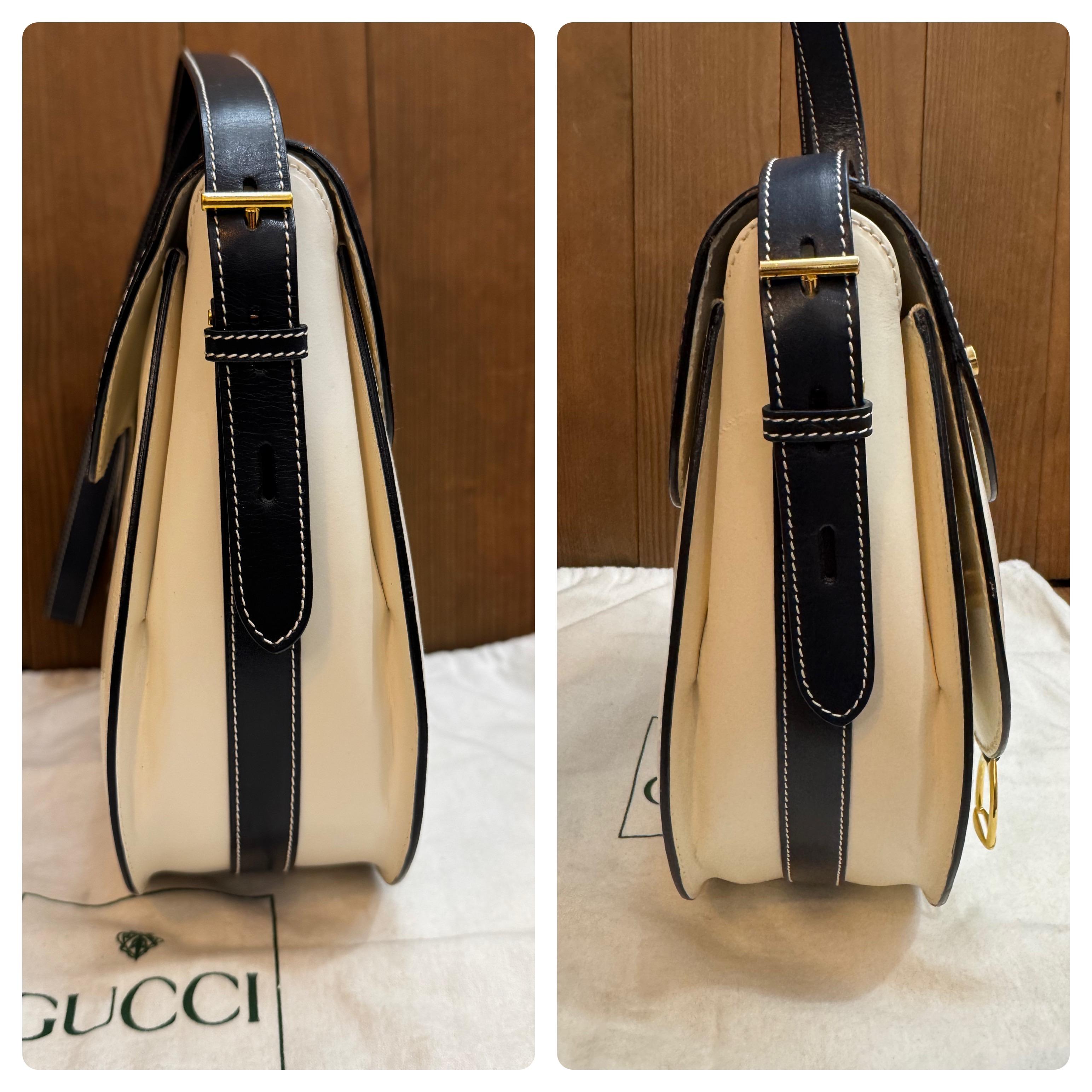 1990s Vintage GUCCI Calfskin Leather Saddle Shoulder Bag Equestrian Navy White 1