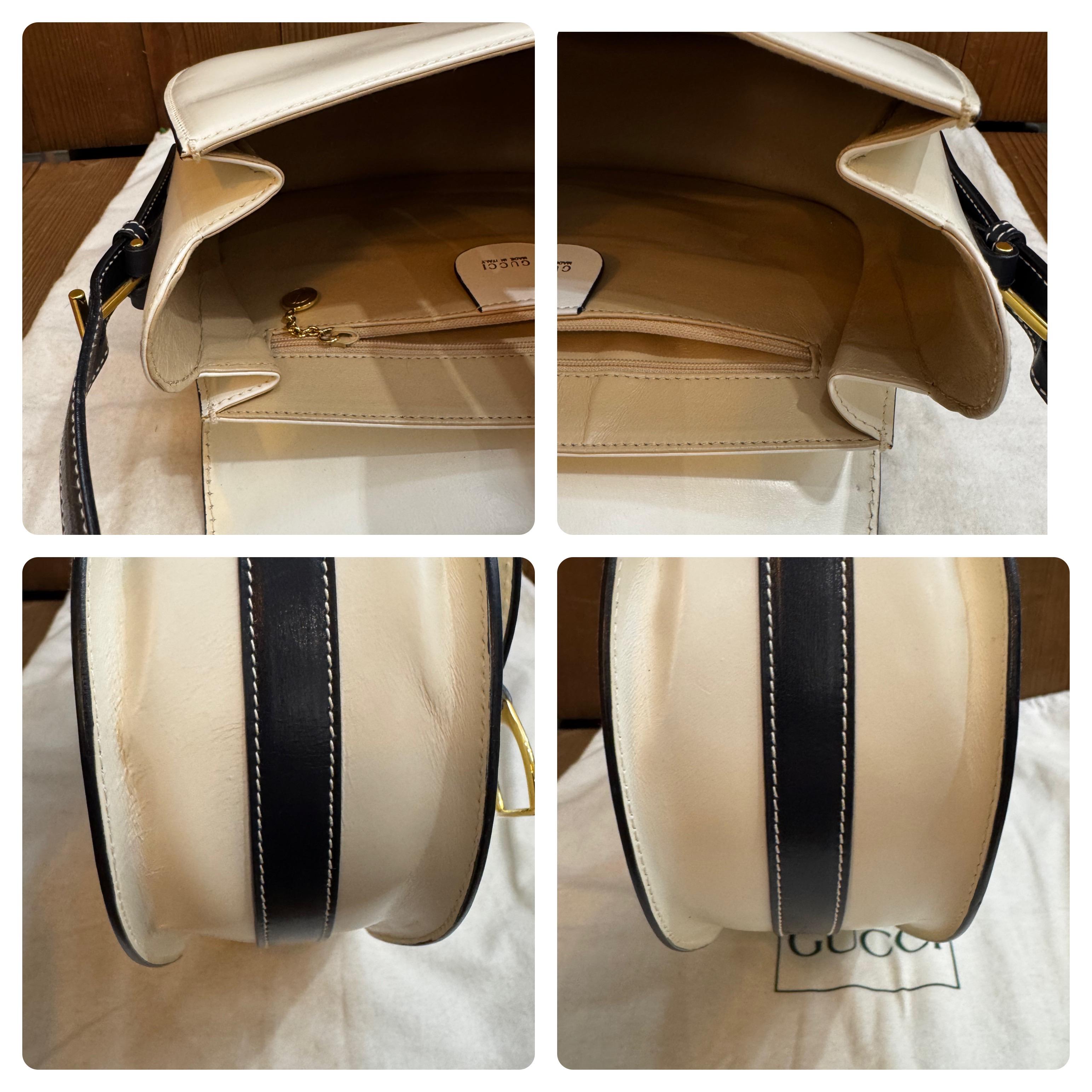 1990s Vintage GUCCI Calfskin Leather Saddle Shoulder Bag Equestrian Navy White 3