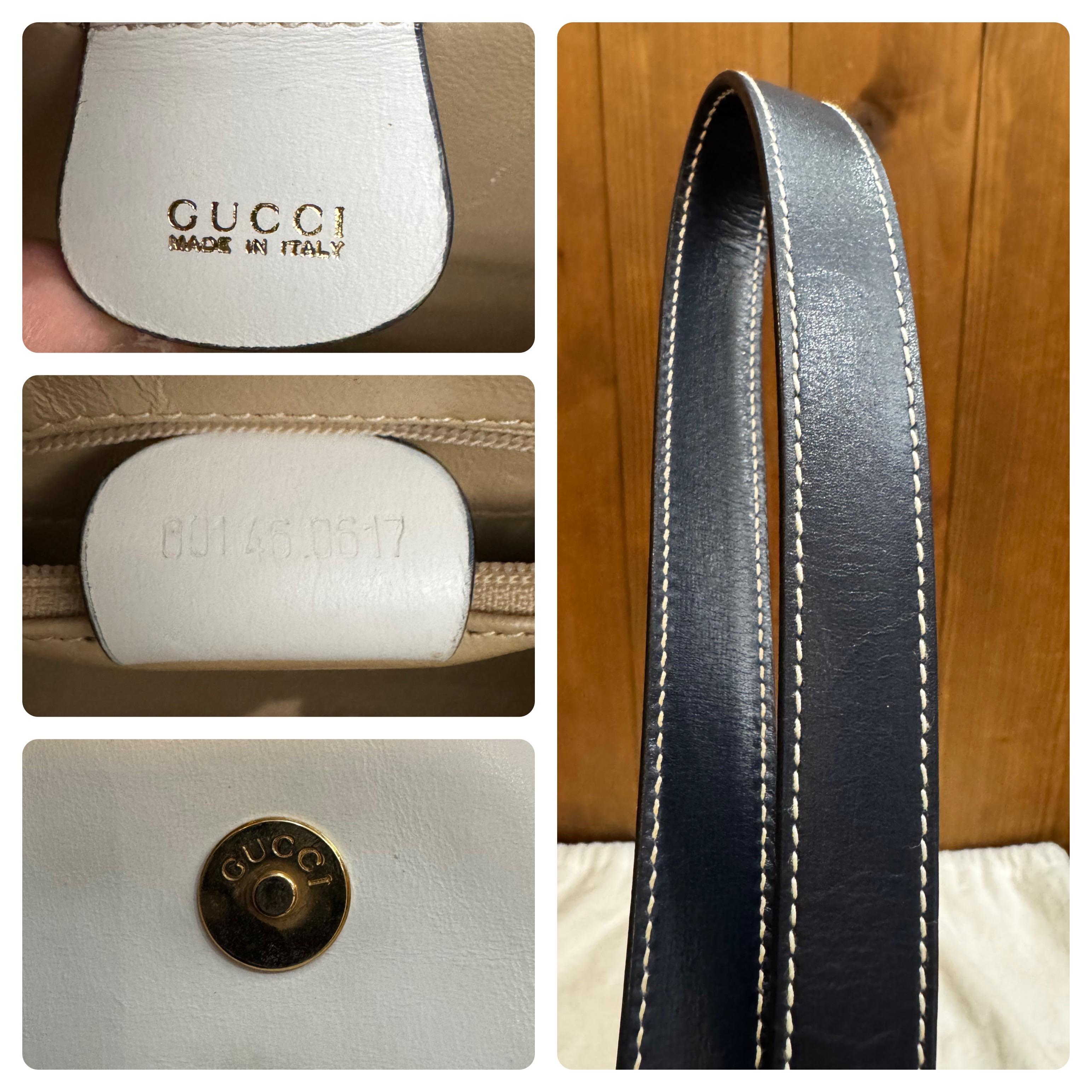 1990s Vintage GUCCI Calfskin Leather Saddle Shoulder Bag Equestrian Navy White 4