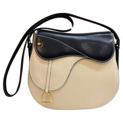 1990s Vintage GUCCI Calfskin Leather Saddle Shoulder Bag Equestrian Navy White