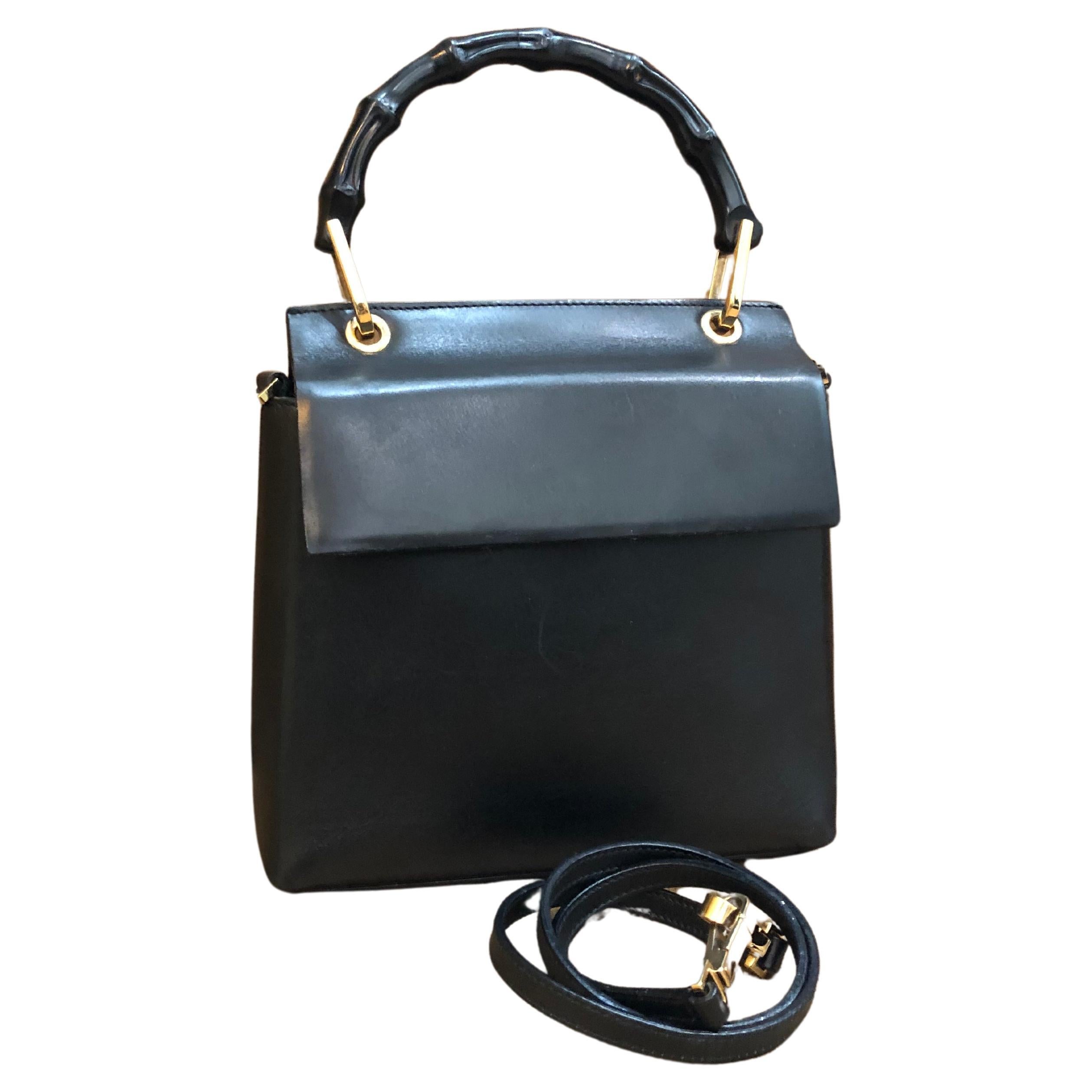 1990s Vintage GUCCI Calfskin Leather Bamboo Two-Way Shoulder Hand Bag Black For Sale