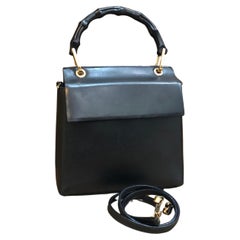 1990s Vintage GUCCI Calfskin Leather Bamboo Two-Way Shoulder Hand Bag Black