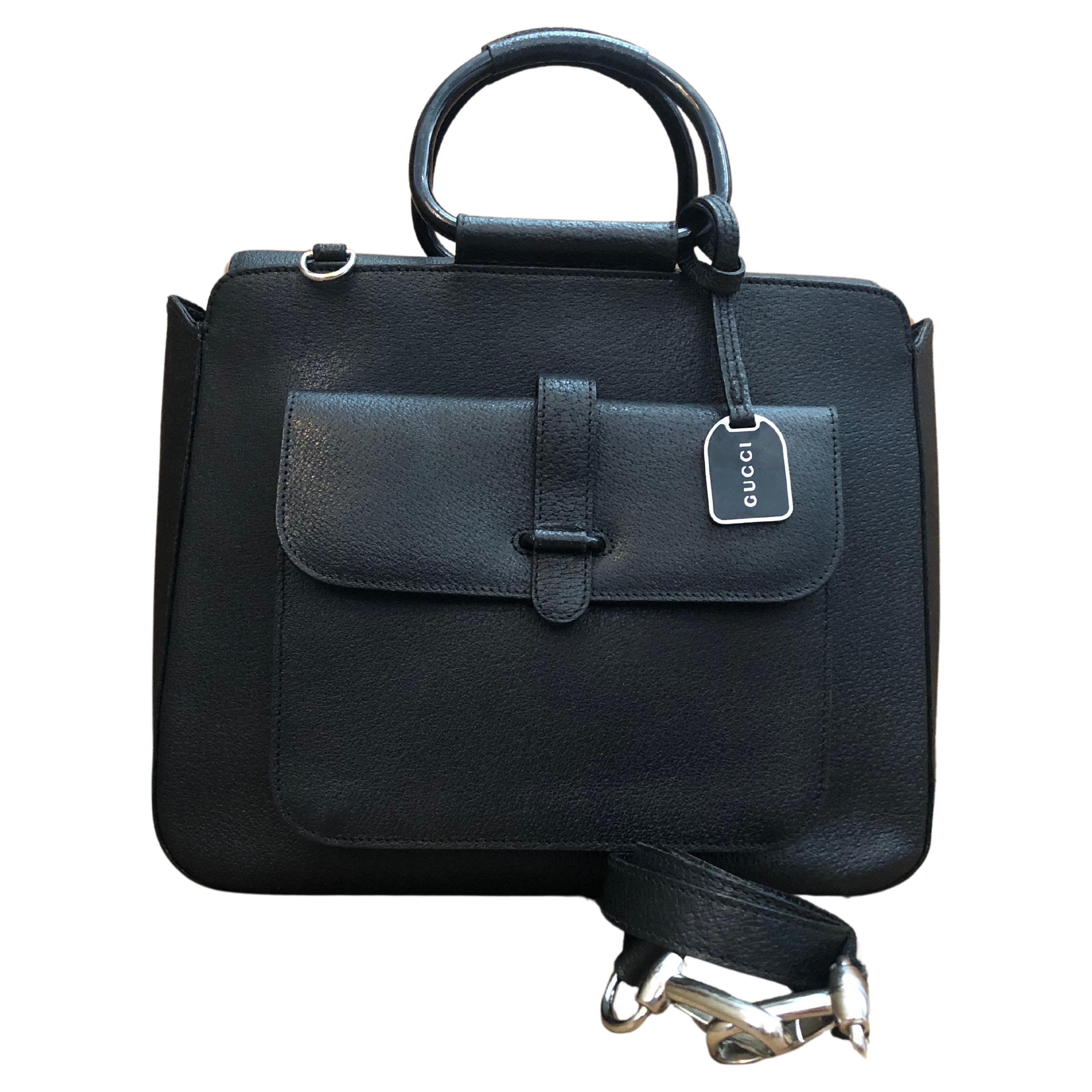 1990s Vintage GUCCI Two-Way Leather Crossbody Bag Black Medium