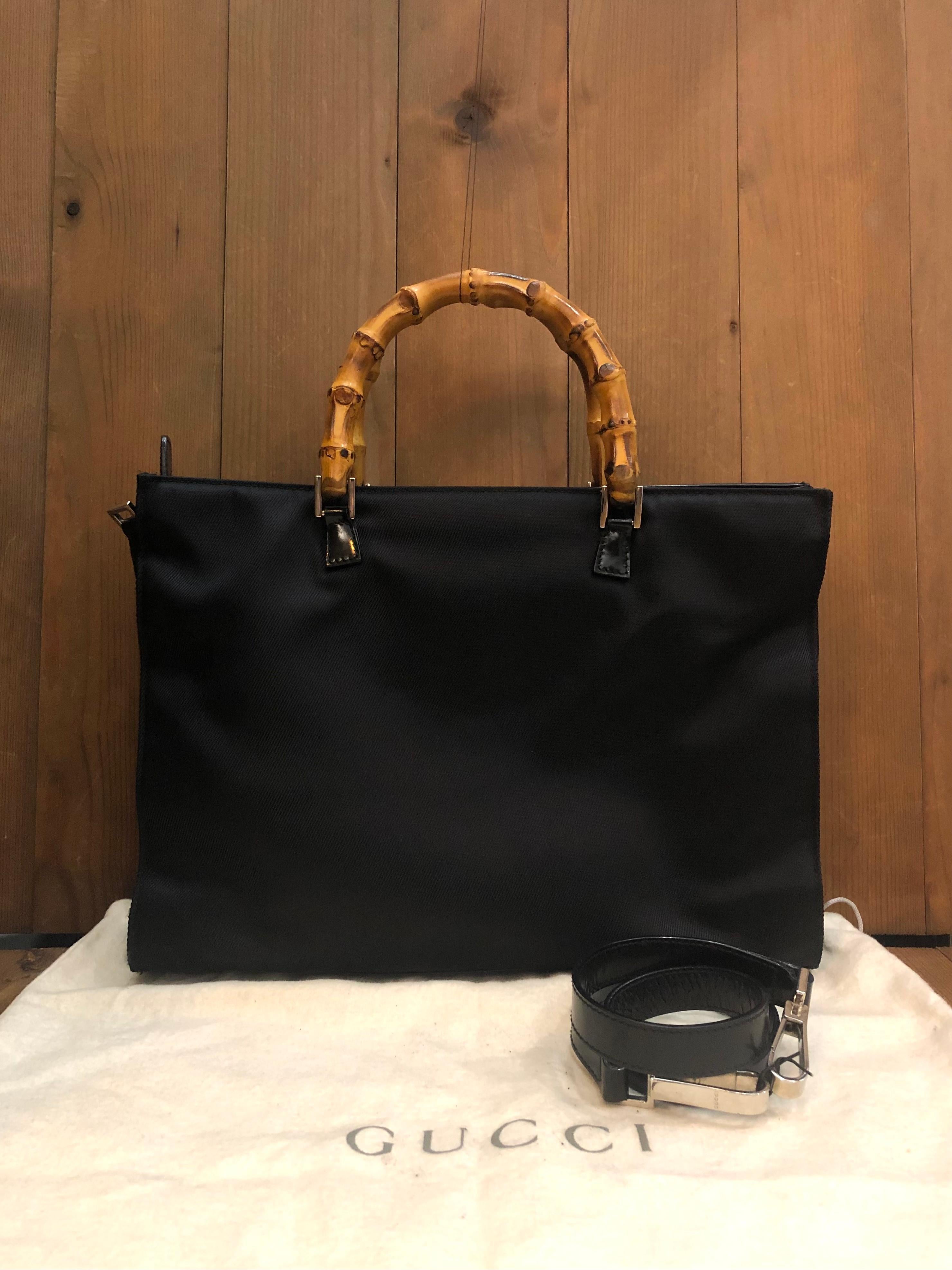 Women's or Men's 1990s Vintage GUCCI Nylon Bamboo Two-Way Briefcase Document Handbag Small Black For Sale