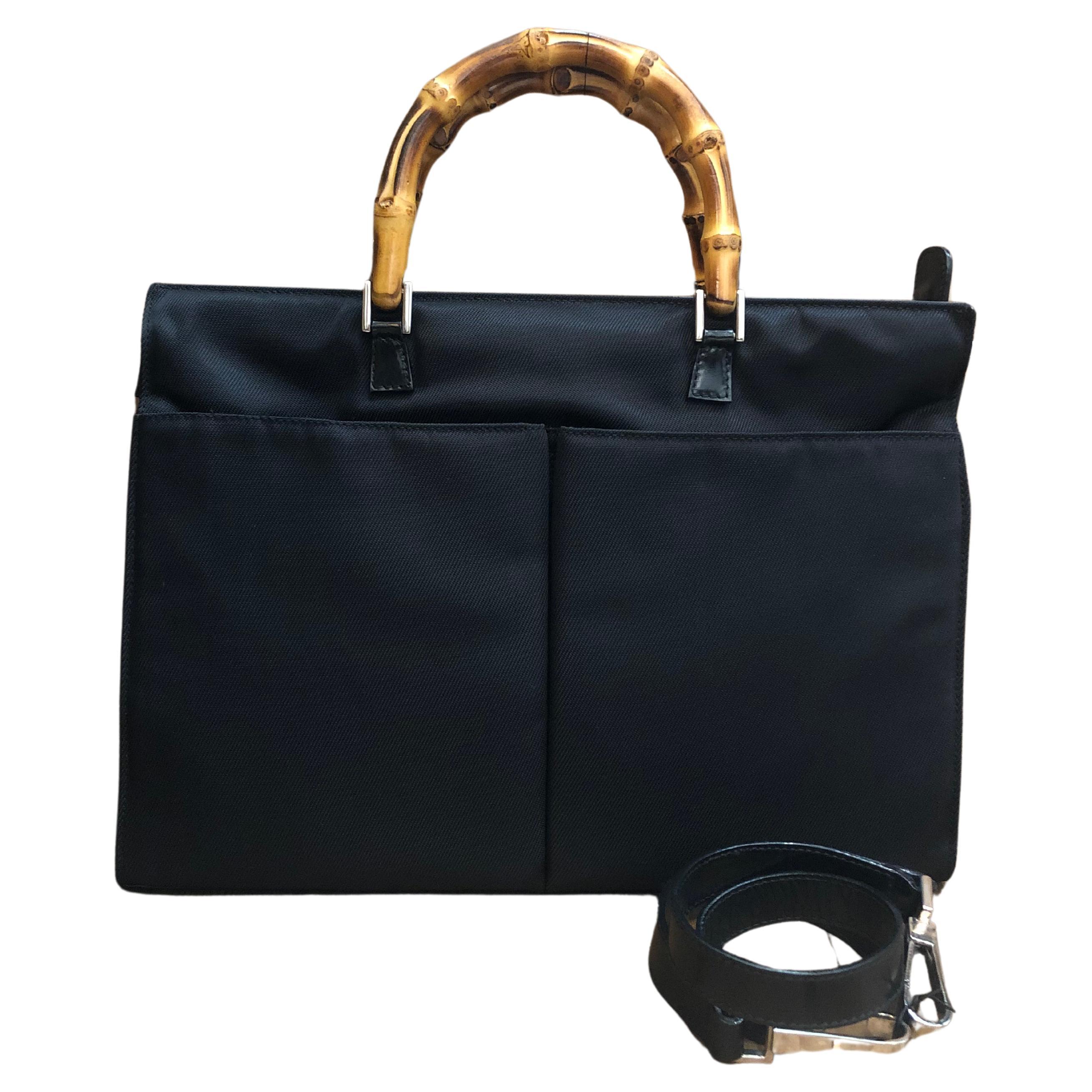 1990s Vintage GUCCI Nylon Bamboo Two-Way Briefcase Document Handbag Small Black For Sale