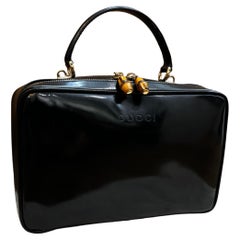 1990s Vintage GUCCI Small Vanity Case Handbag Polished Leather Black