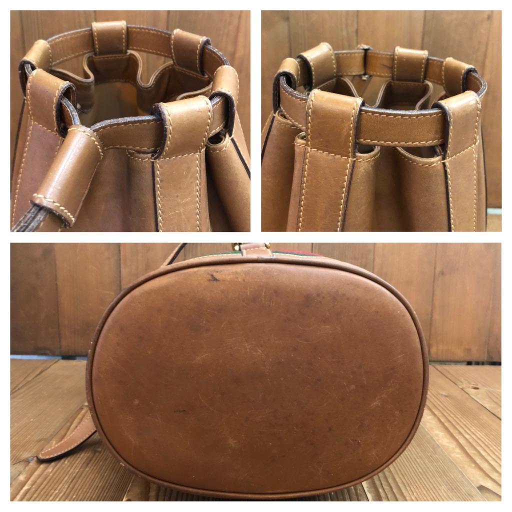 1990s Vintage GUCCI Web Bucket Shoulder Bag Tan Leather Unisex 3