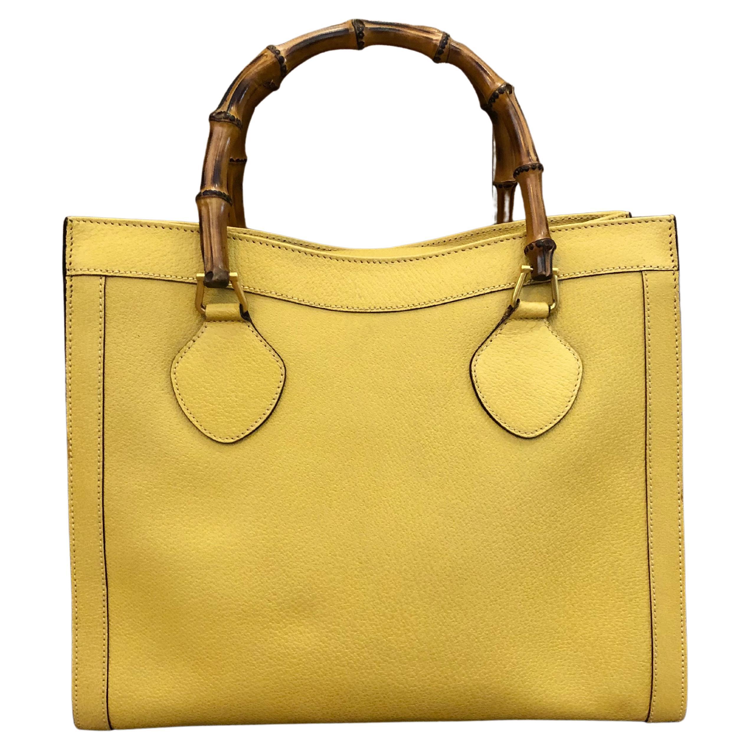 1990s Vintage GUCCI Leather Bamboo Tote Diana Tote Bag Yellow Medium