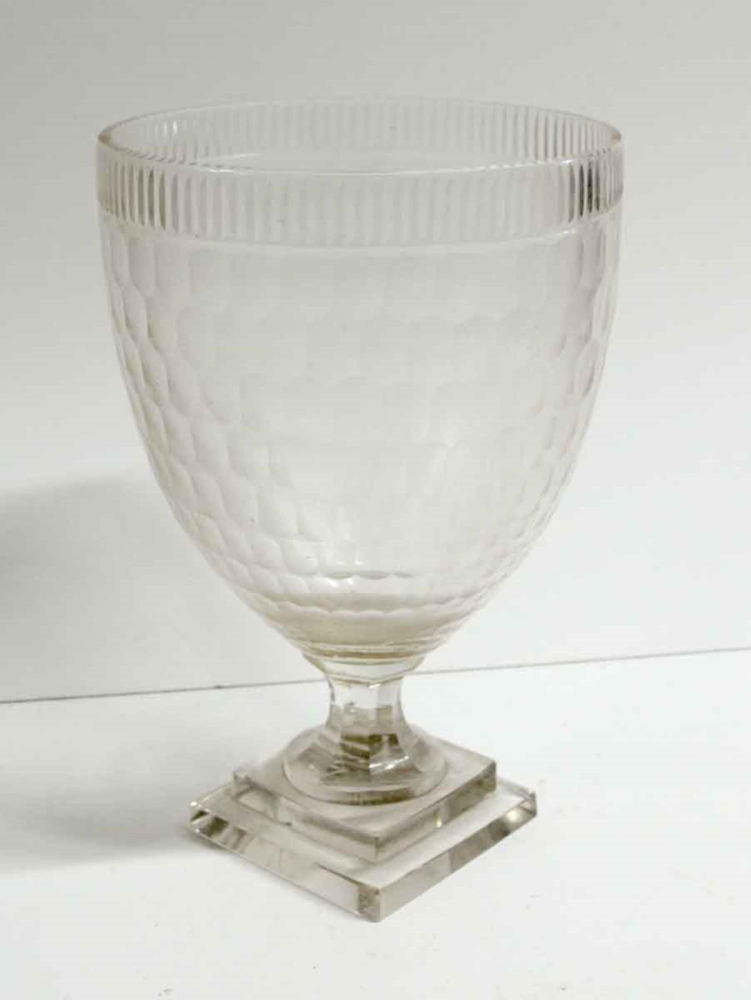 Clear crystal honeycomb pattern vase and two-tier square base from the 2000s. Small quantity available at time of posting. Priced each. Please inquire. Please note, this item is located in our Scranton, PA location.