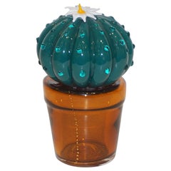 1990s Vintage Italian Evergreen Teal Murano Glass Small Cactus Plant in Gold Pot