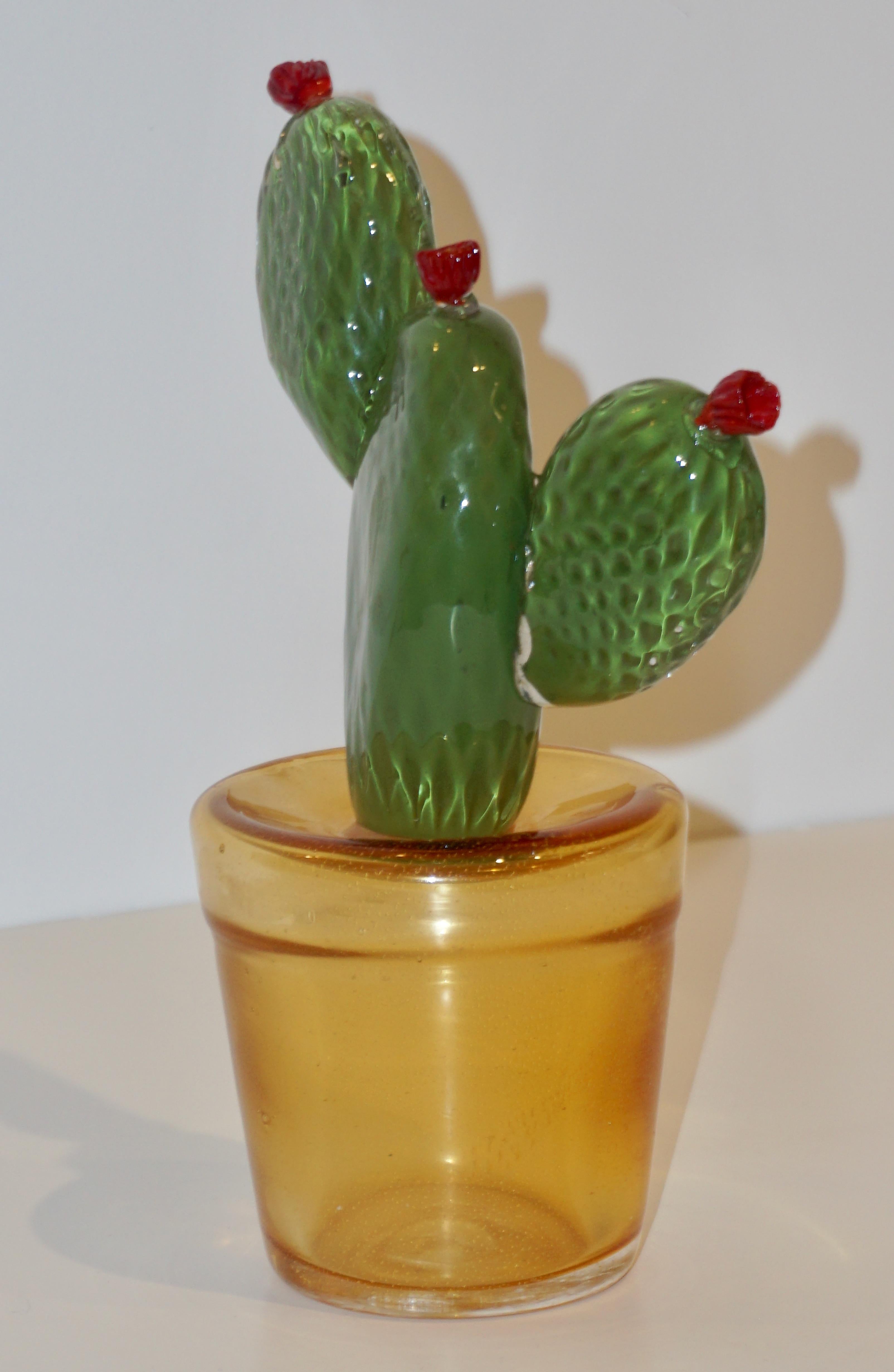 1990s Vintage Italian Green Murano Art Glass Cactus Plant with Red Flowers 6