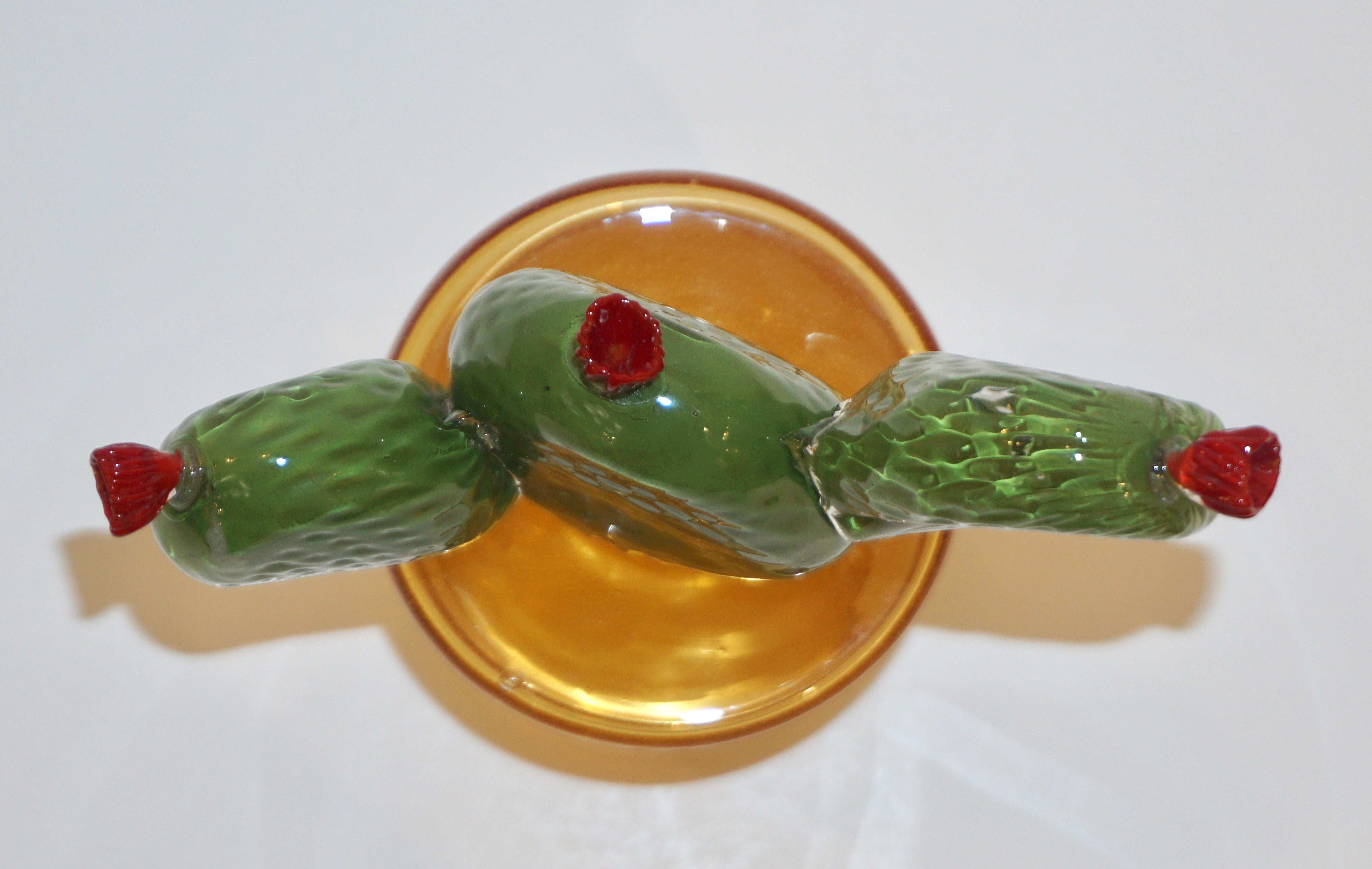 1990 Italian highly collectible potted glass cactus of limited edition, entirely handcrafted in Murano, with modern Minimalist design blown by Formia, in a lifelike organic modernist shape in overlaid grass green textured Murano glass highlighted