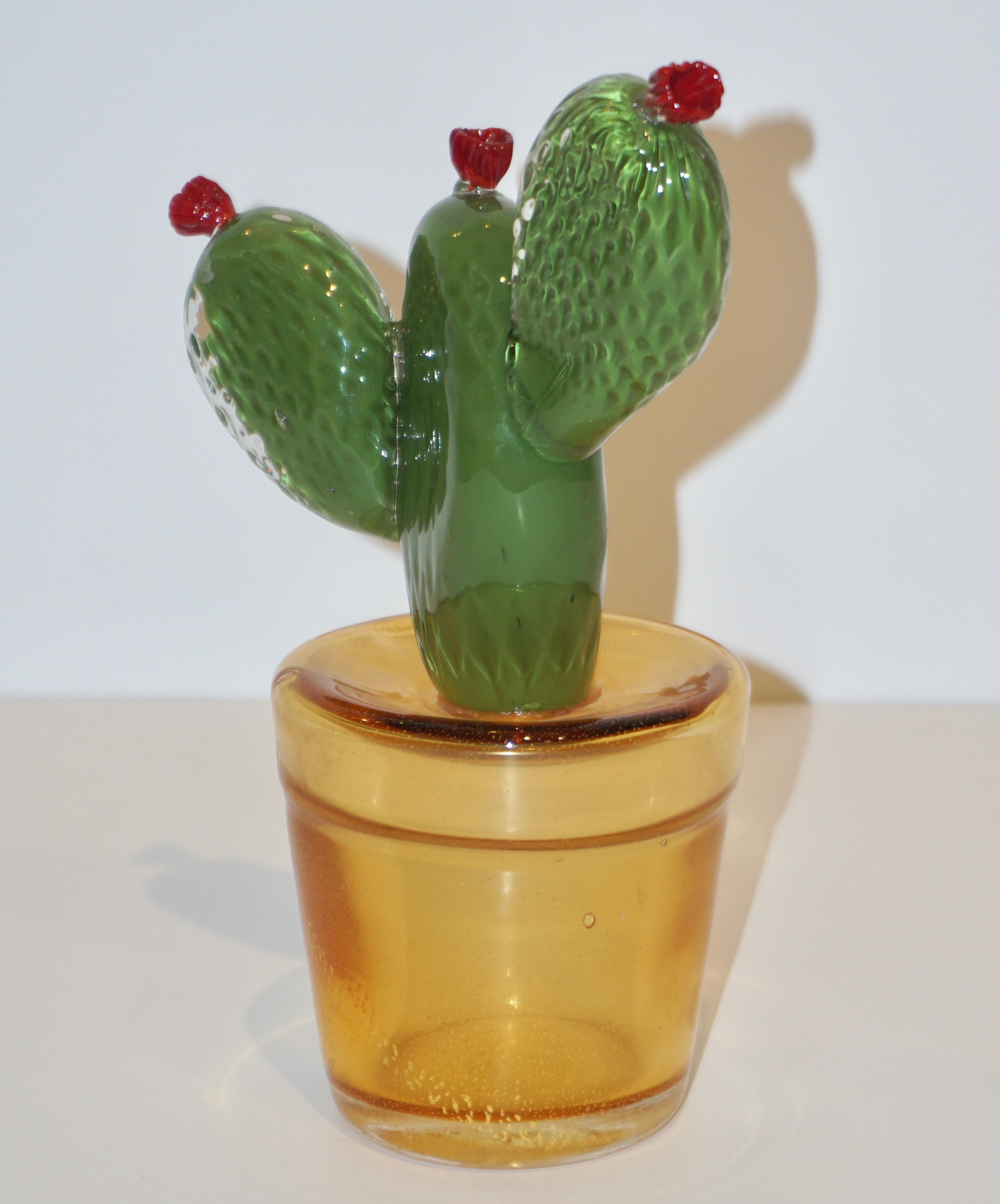 Organic Modern 1990s Vintage Italian Green Murano Art Glass Cactus Plant with Red Flowers