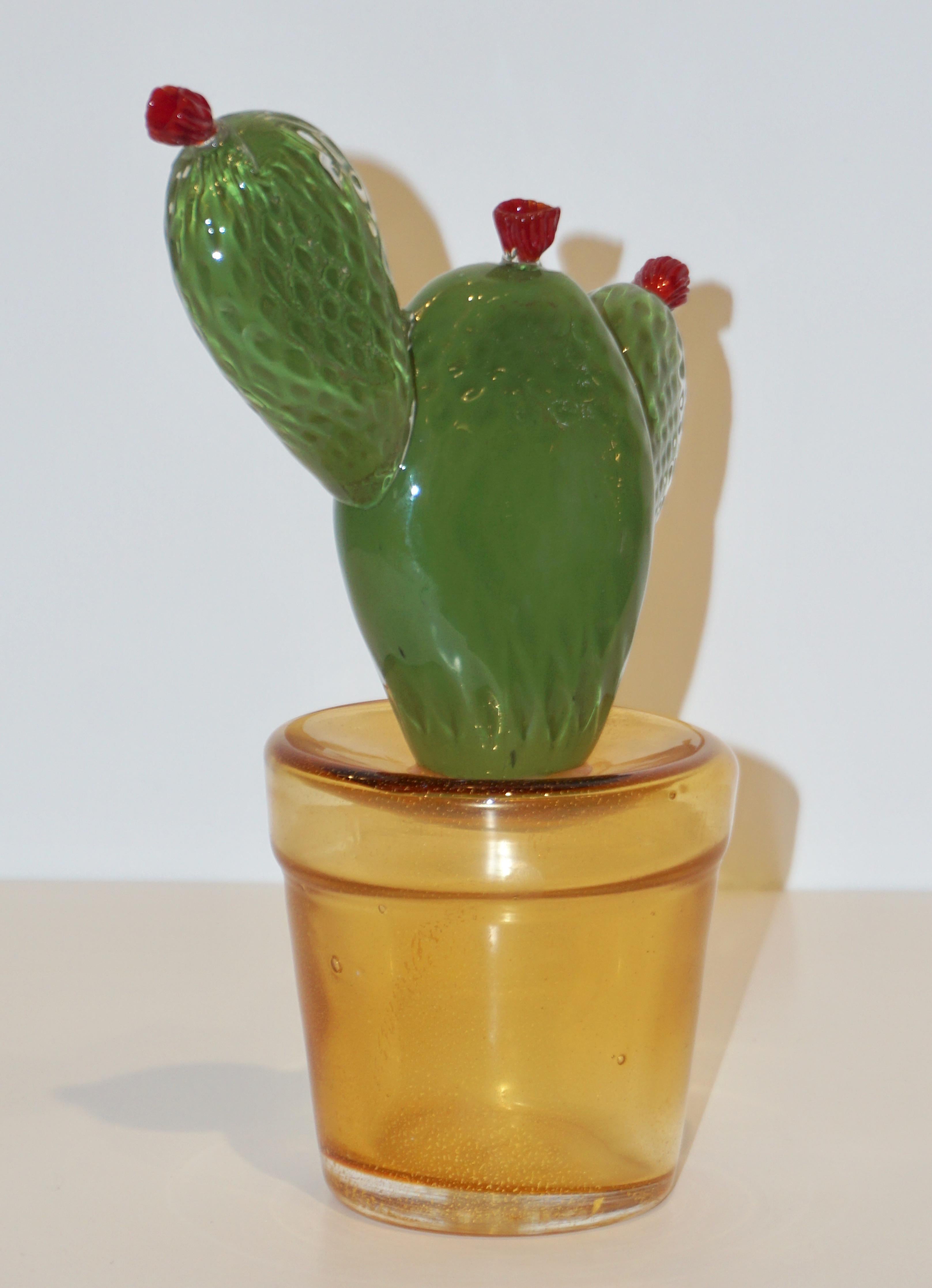 1990s Vintage Italian Green Murano Art Glass Cactus Plant with Red Flowers 1