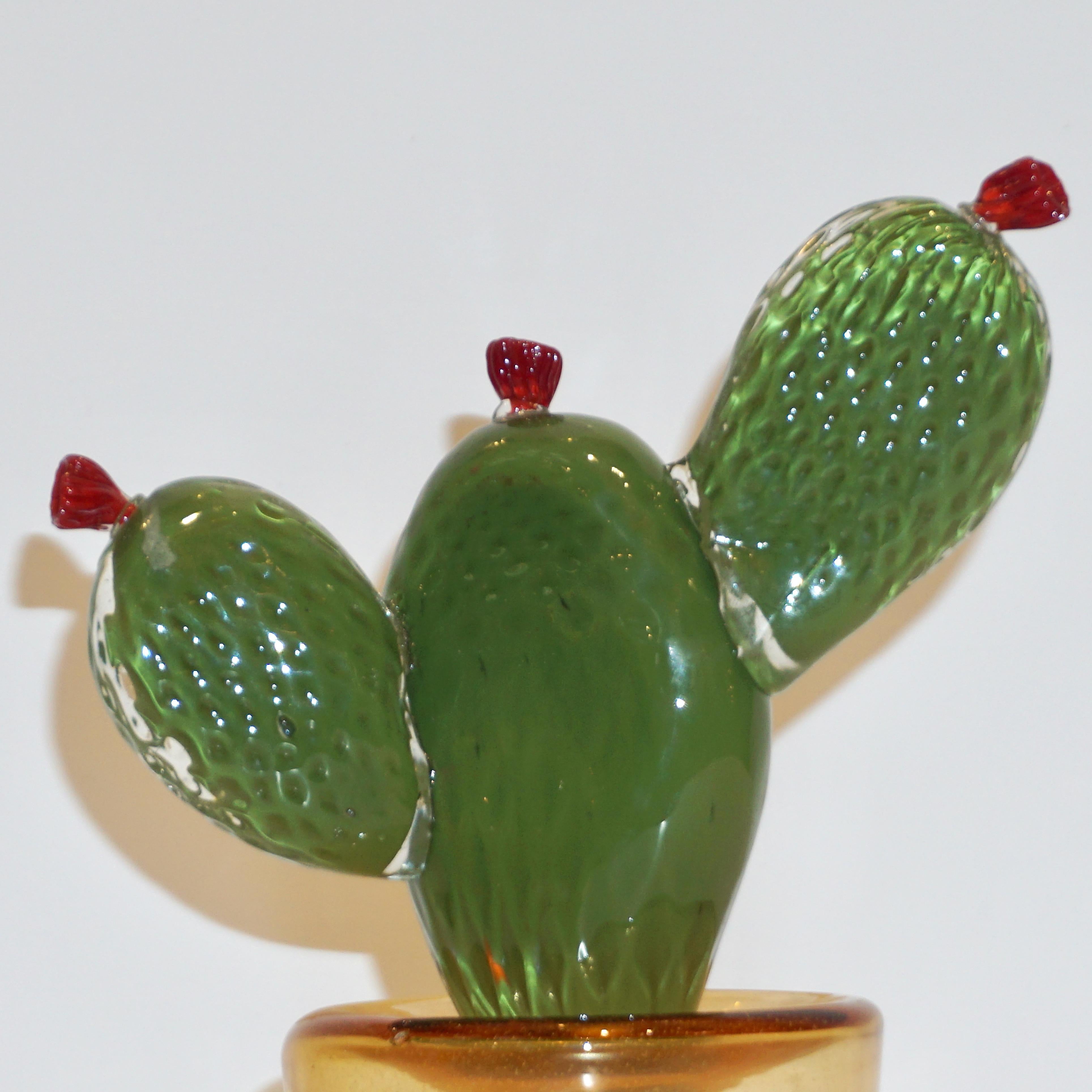 1990s Vintage Italian Green Murano Art Glass Cactus Plant with Red Flowers 2